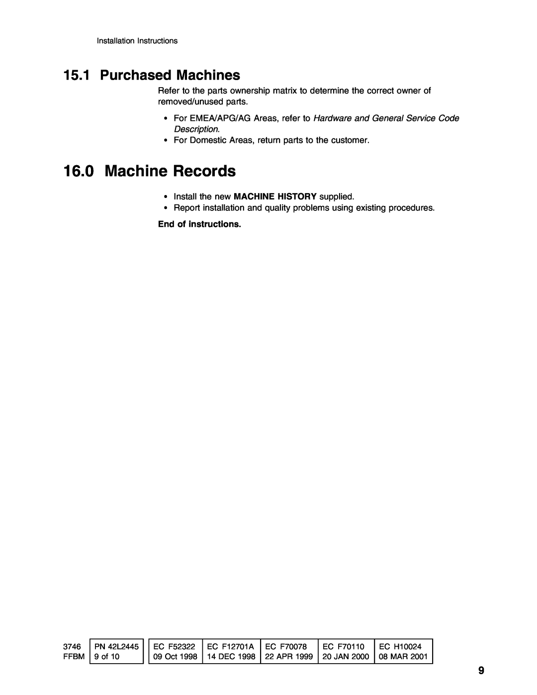 IBM PN 10K8798 installation instructions Machine Records, Purchased Machines 