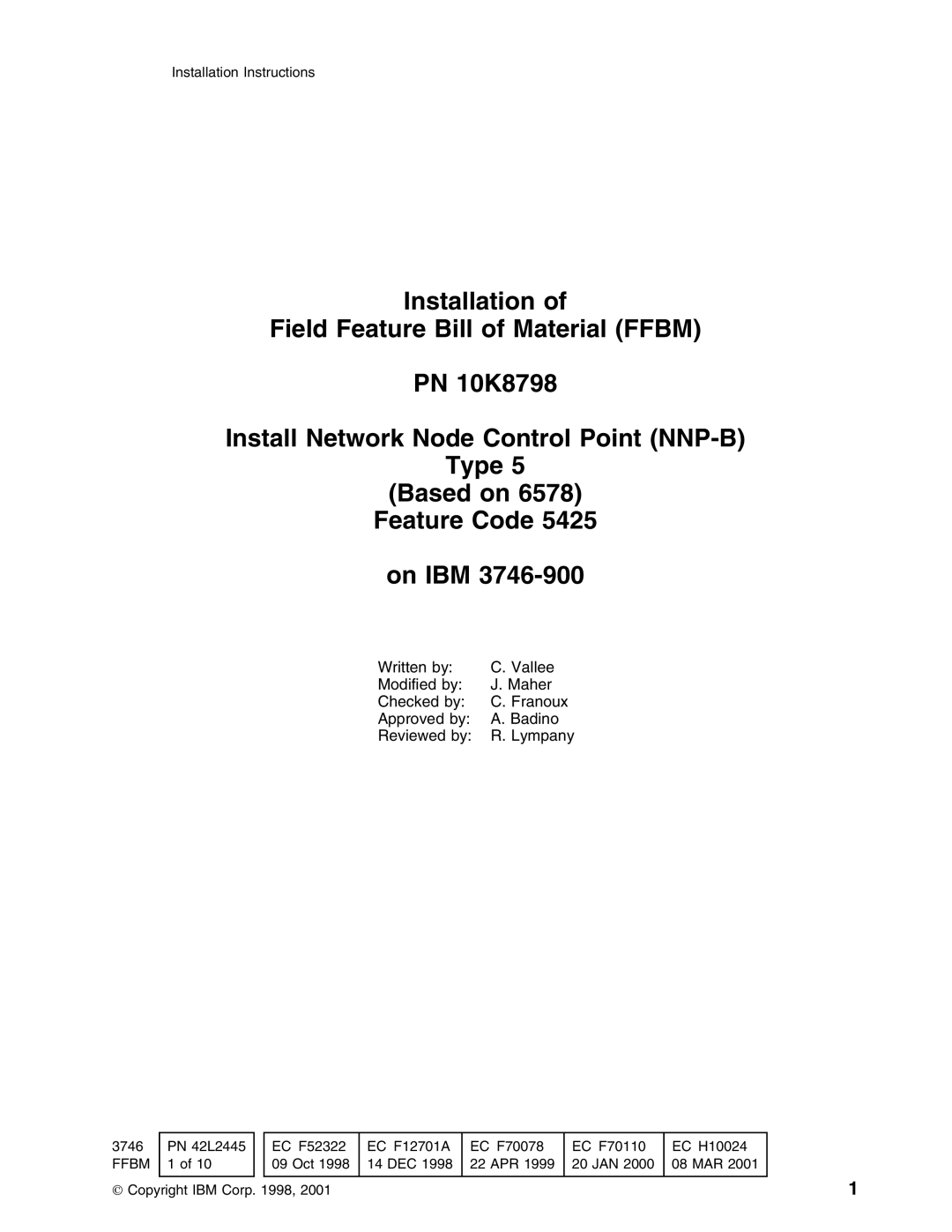 IBM PN 10K8798 installation instructions Ffbm 