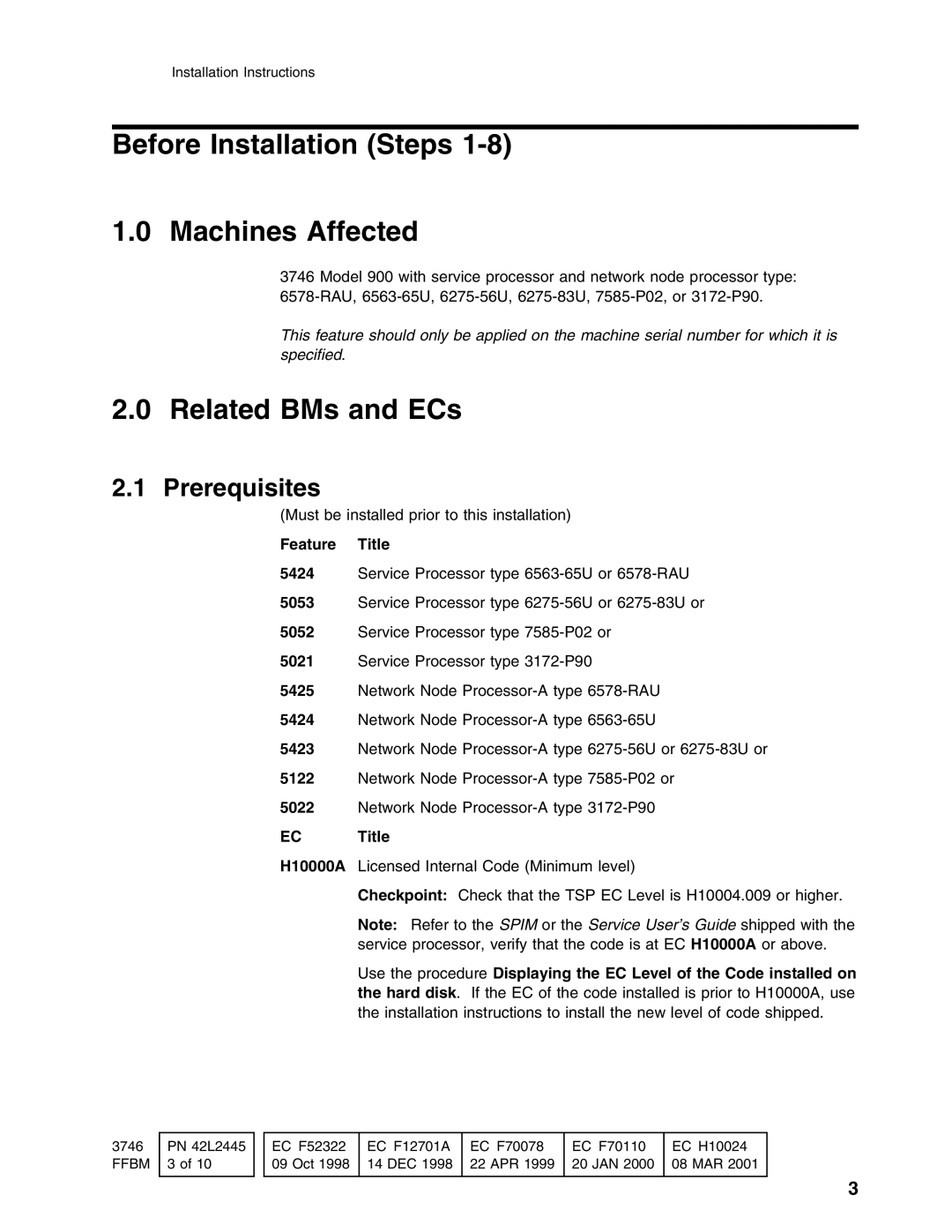 IBM PN 10K8798 installation instructions Before Installation Steps Machines Affected, Related BMs and ECs, Prerequisites 