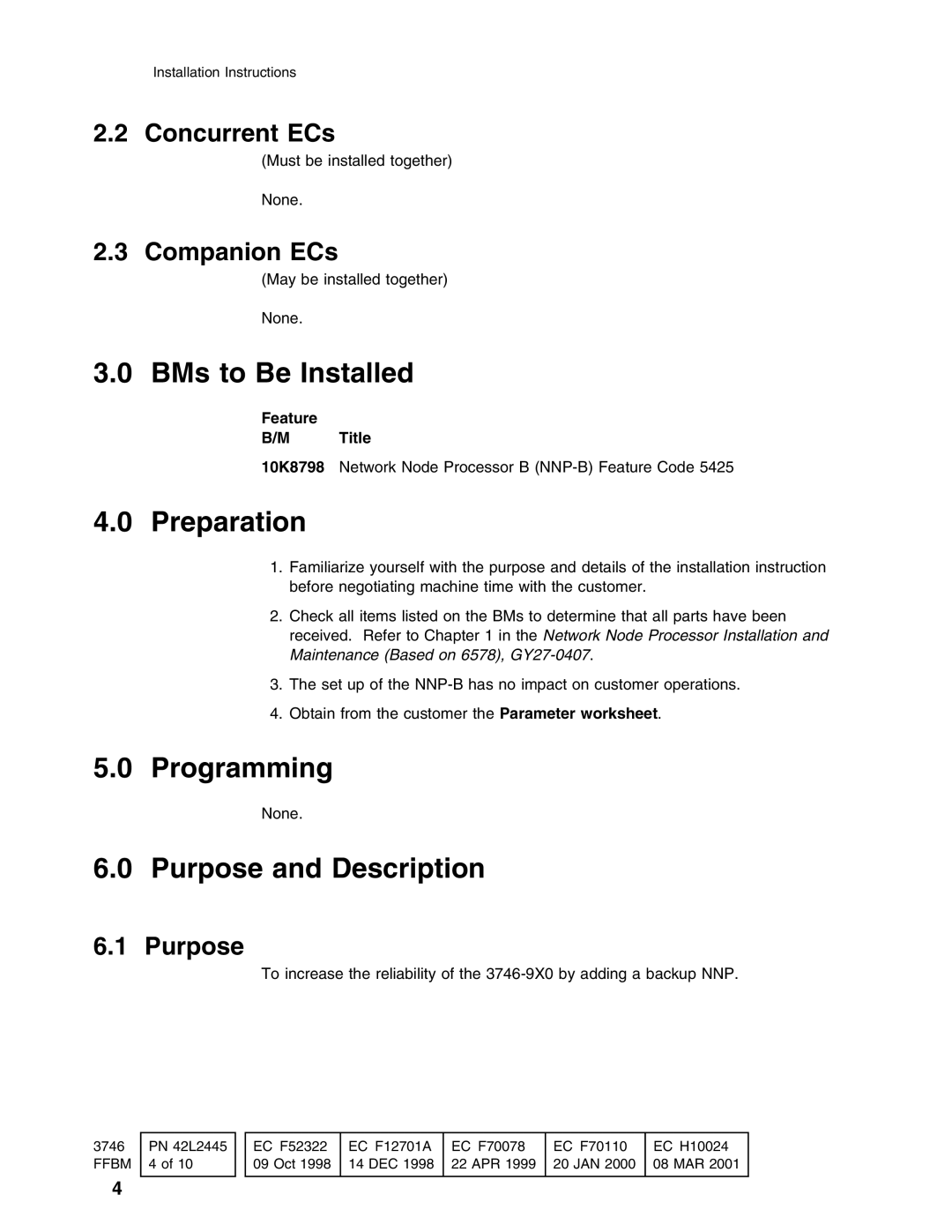 IBM PN 10K8798 installation instructions BMs to Be Installed, Preparation, Programming, Purpose and Description 