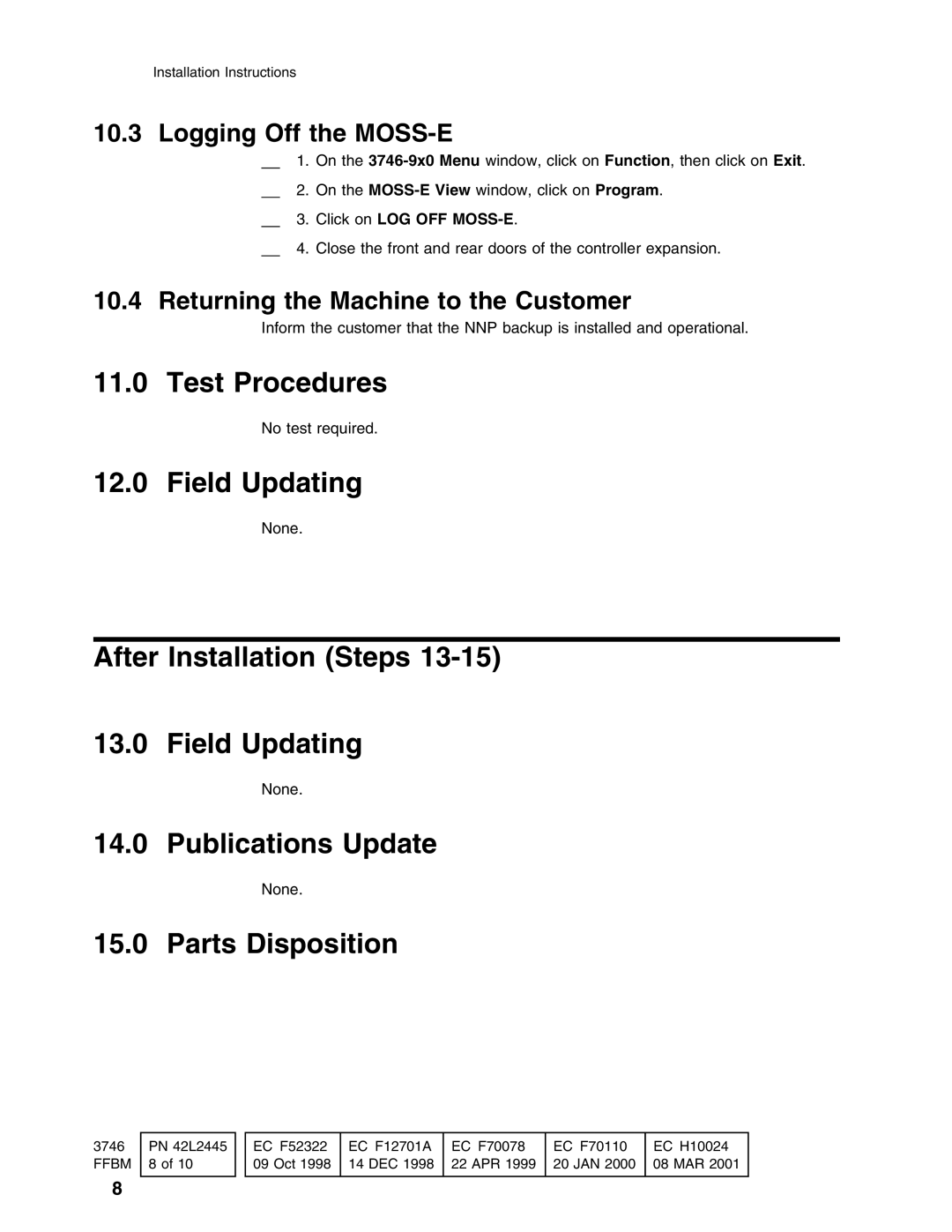 IBM PN 10K8798 Test Procedures, After Installation Steps Field Updating, Publications Update, Parts Disposition 