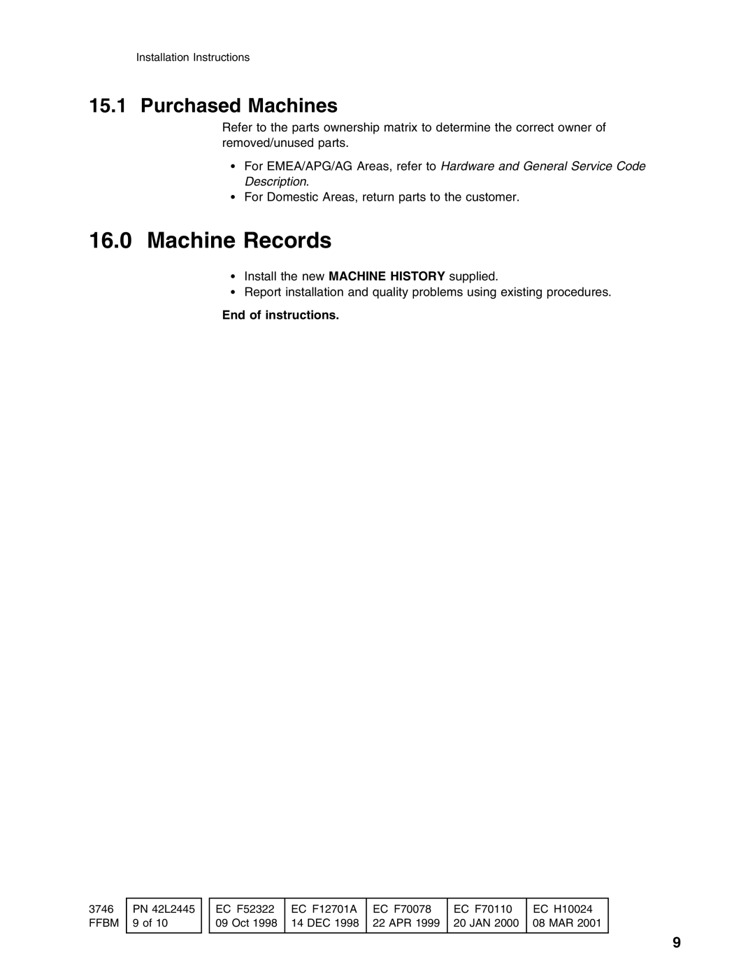 IBM PN 10K8798 installation instructions Machine Records, Purchased Machines 