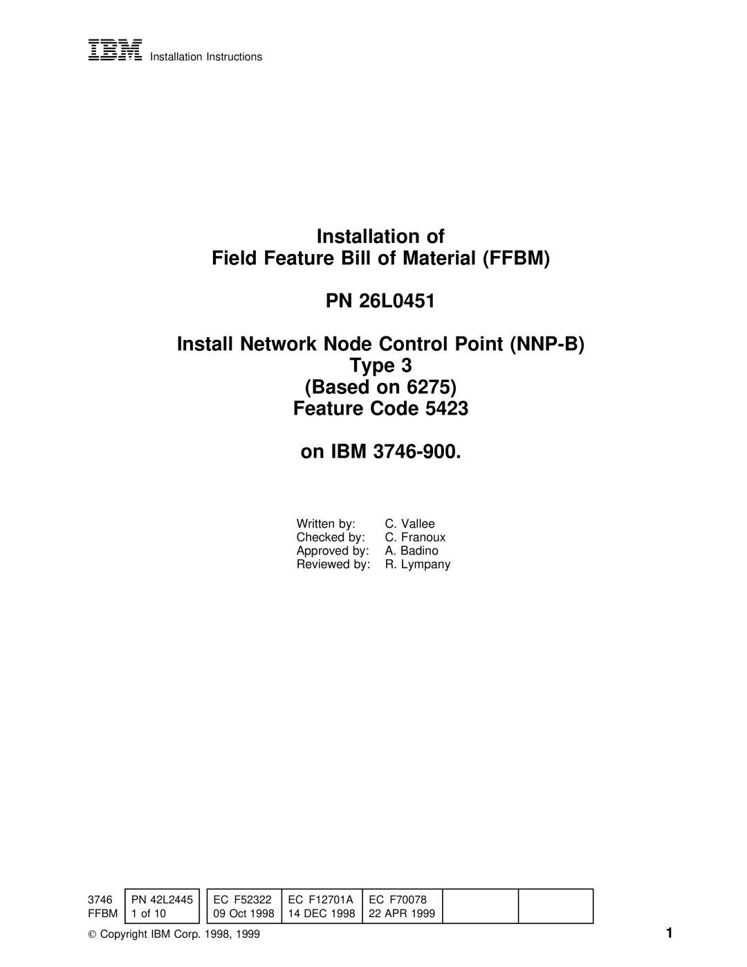 IBM PN 26L0451 installation instructions Bill, Install, Based, Feature, 5423 