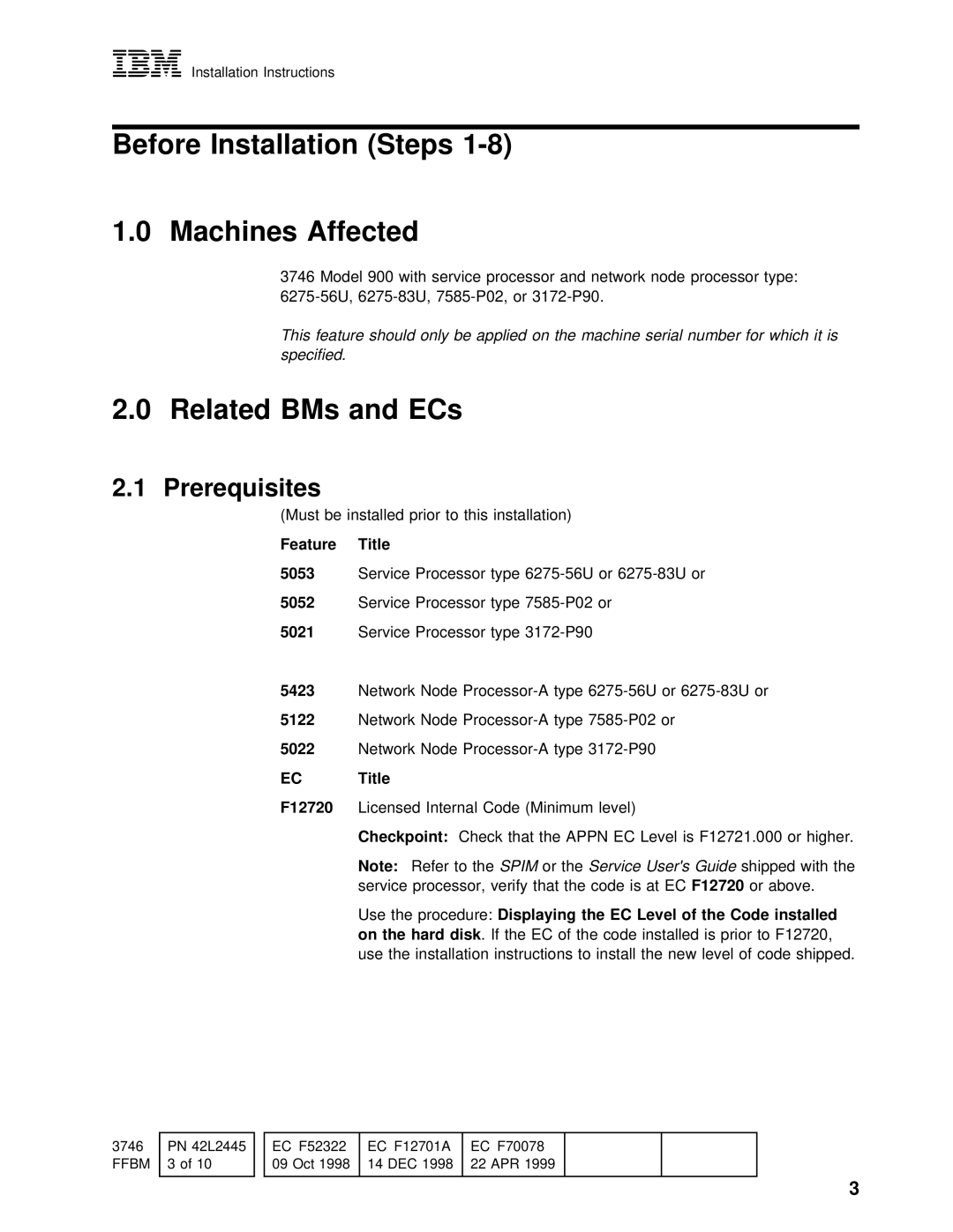 IBM PN 26L0451 installation instructions Before Installation Steps Machines Affected, Related BMs and ECs, Prerequisites 