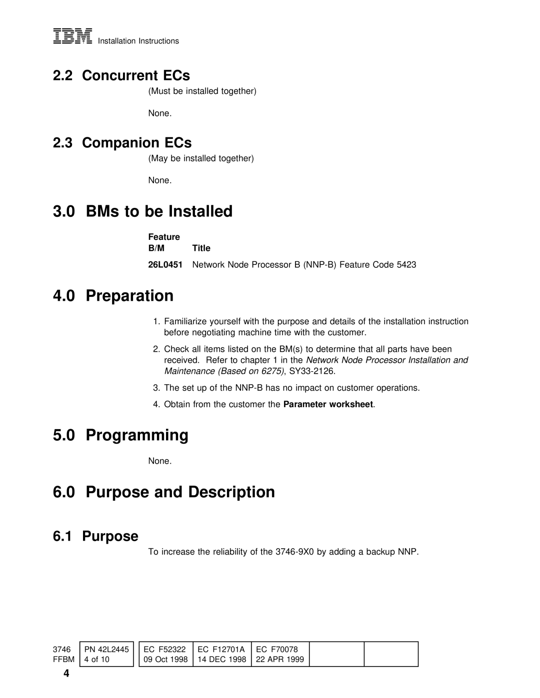 IBM PN 26L0451 installation instructions BMs to be Installed, Preparation, Programming, Purpose and Description 