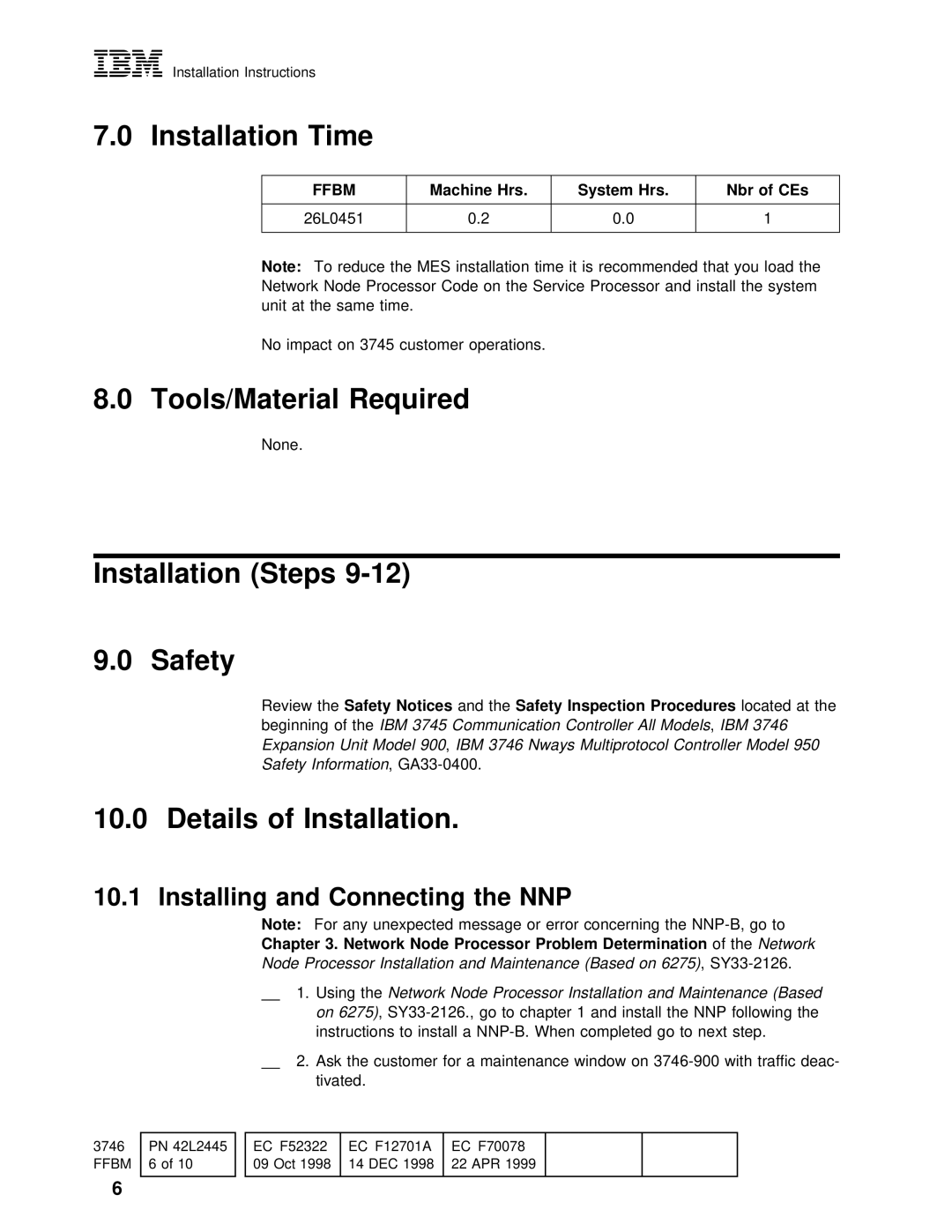 IBM PN 26L0451 Installation Time, Tools/Material Required, Installation Steps Safety, Details of Installation, Installing 