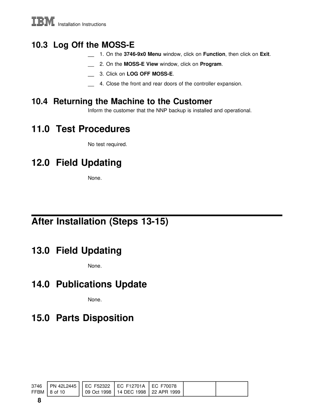 IBM PN 26L0451 Test Procedures, After Installation Steps Field Updating, Publications Update, Parts Disposition 