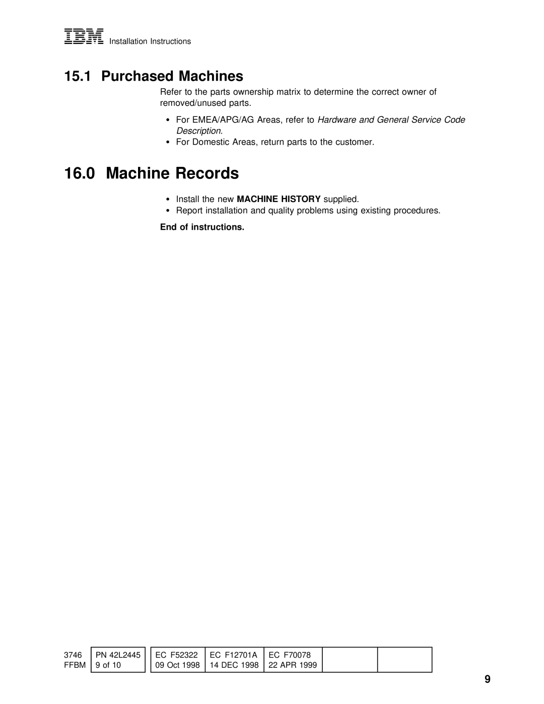 IBM PN 26L0451 installation instructions Machine Records, Purchased Machines, Instructions 