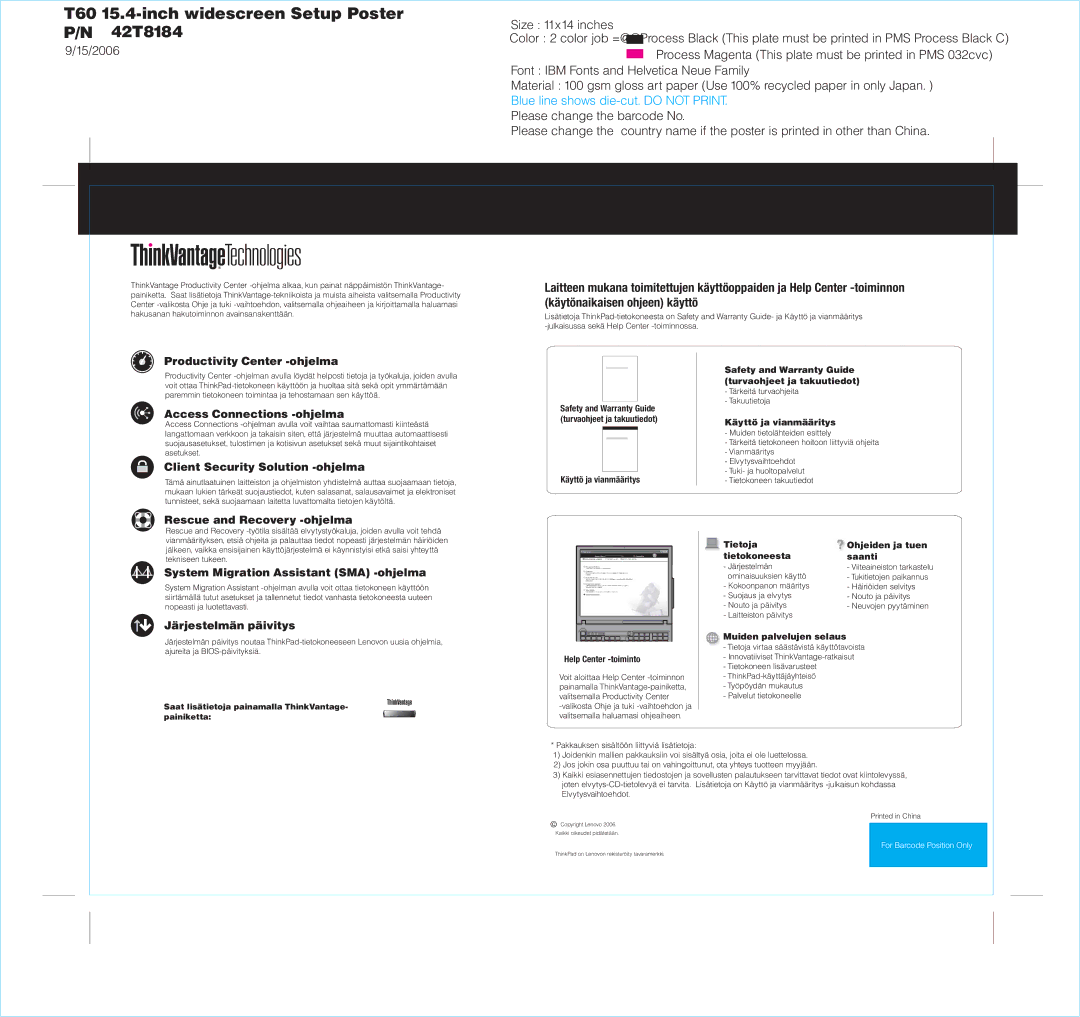 IBM P/N: 42T8184 manual Productivity Center -ohjelma, Access Connections -ohjelma, Client Security Solution -ohjelma 