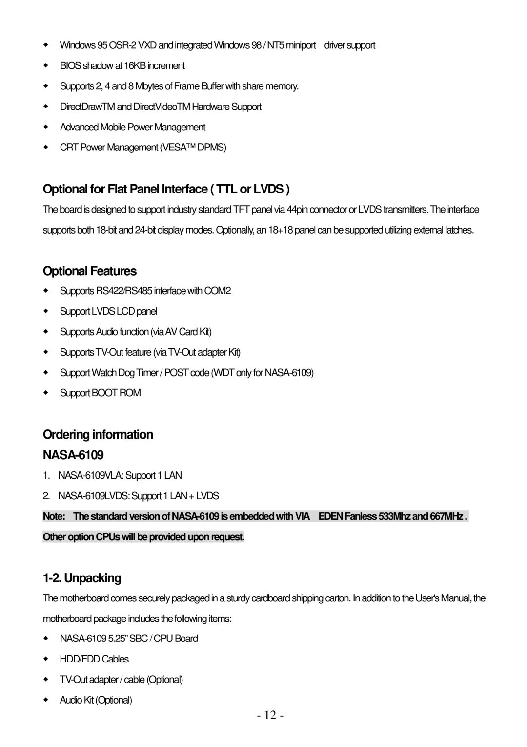 IBM PPC-1510PT Optional for Flat Panel Interface TTL or Lvds, Optional Features, Ordering information NASA-6109, Unpacking 