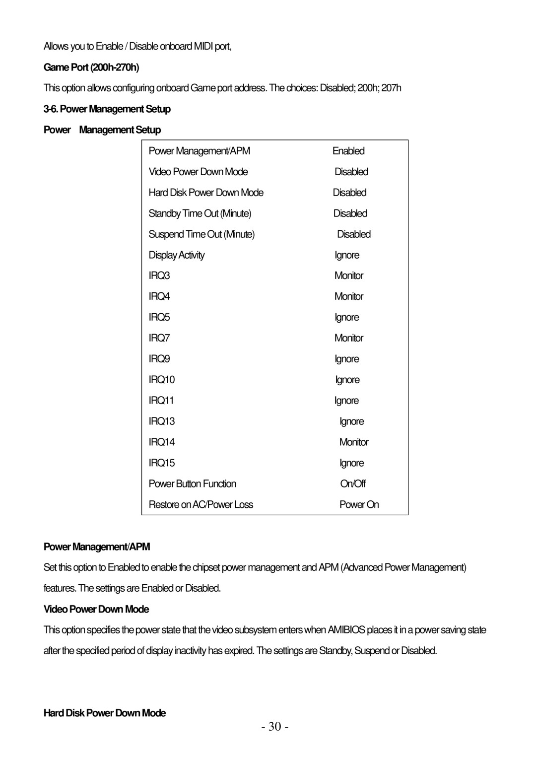 IBM PPC-1510PT user manual Game Port 200h-270h, Power Management Setup, Power Management/APM, Video Power Down Mode 