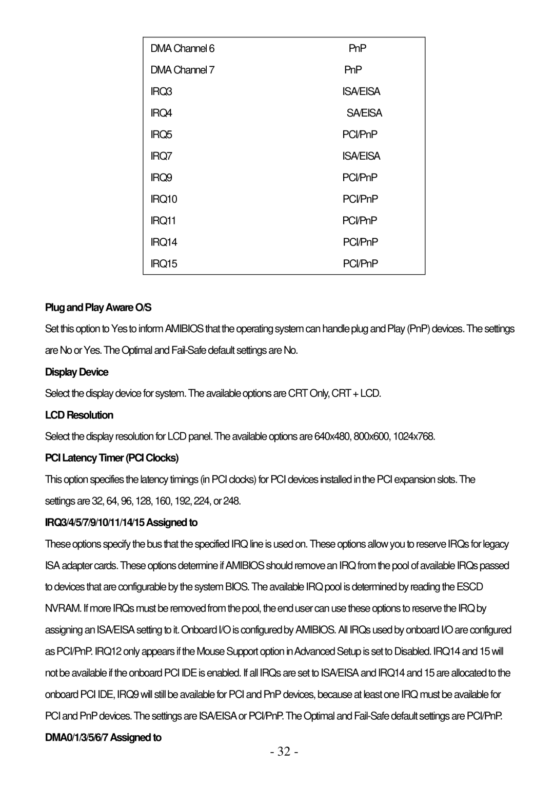 IBM PPC-1510PT user manual Plug and Play Aware O/S, Display Device, LCD Resolution, PCI Latency Timer PCI Clocks 