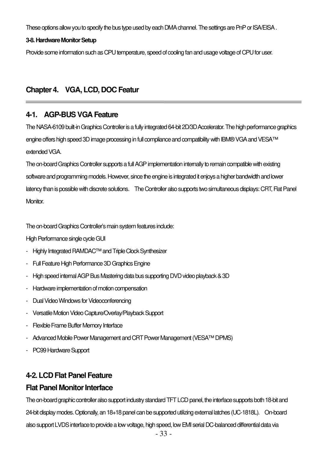 IBM PPC-1510PT user manual VGA, LCD, DOC Featur AGP-BUS VGA Feature, LCD Flat Panel Feature Flat Panel Monitor Interface 