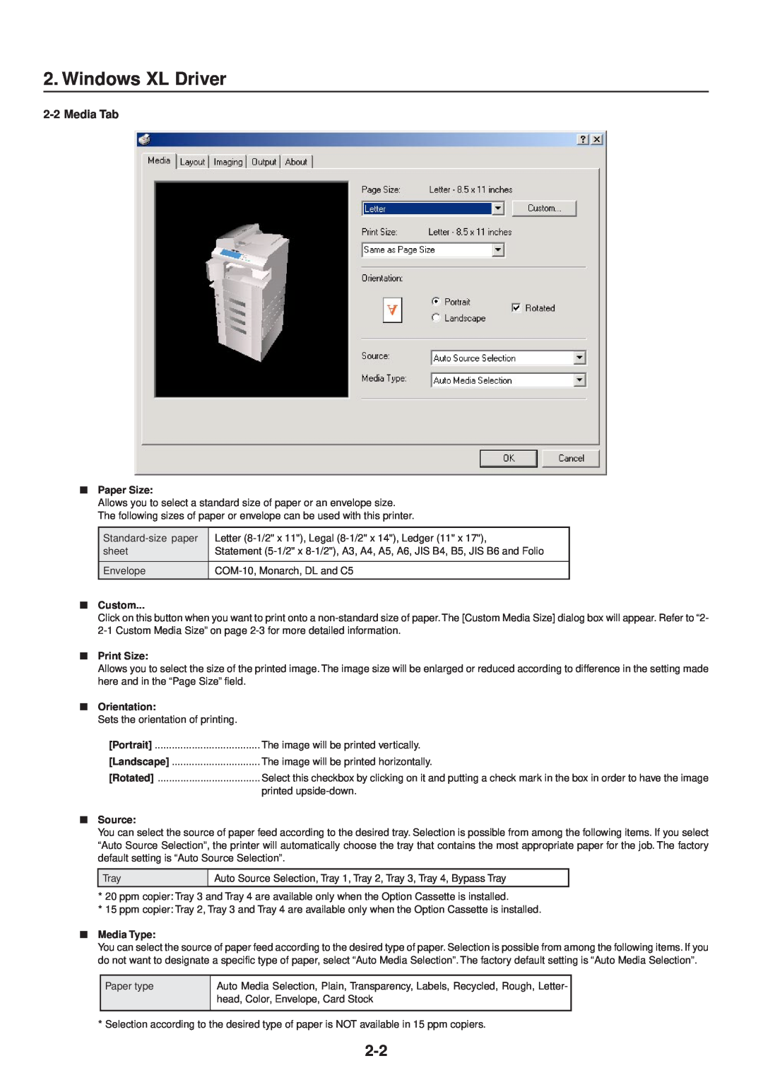 IBM Printing System manual Windows XL Driver, Media Tab, Paper Size, Custom, Print Size, Orientation, Source, Media Type 