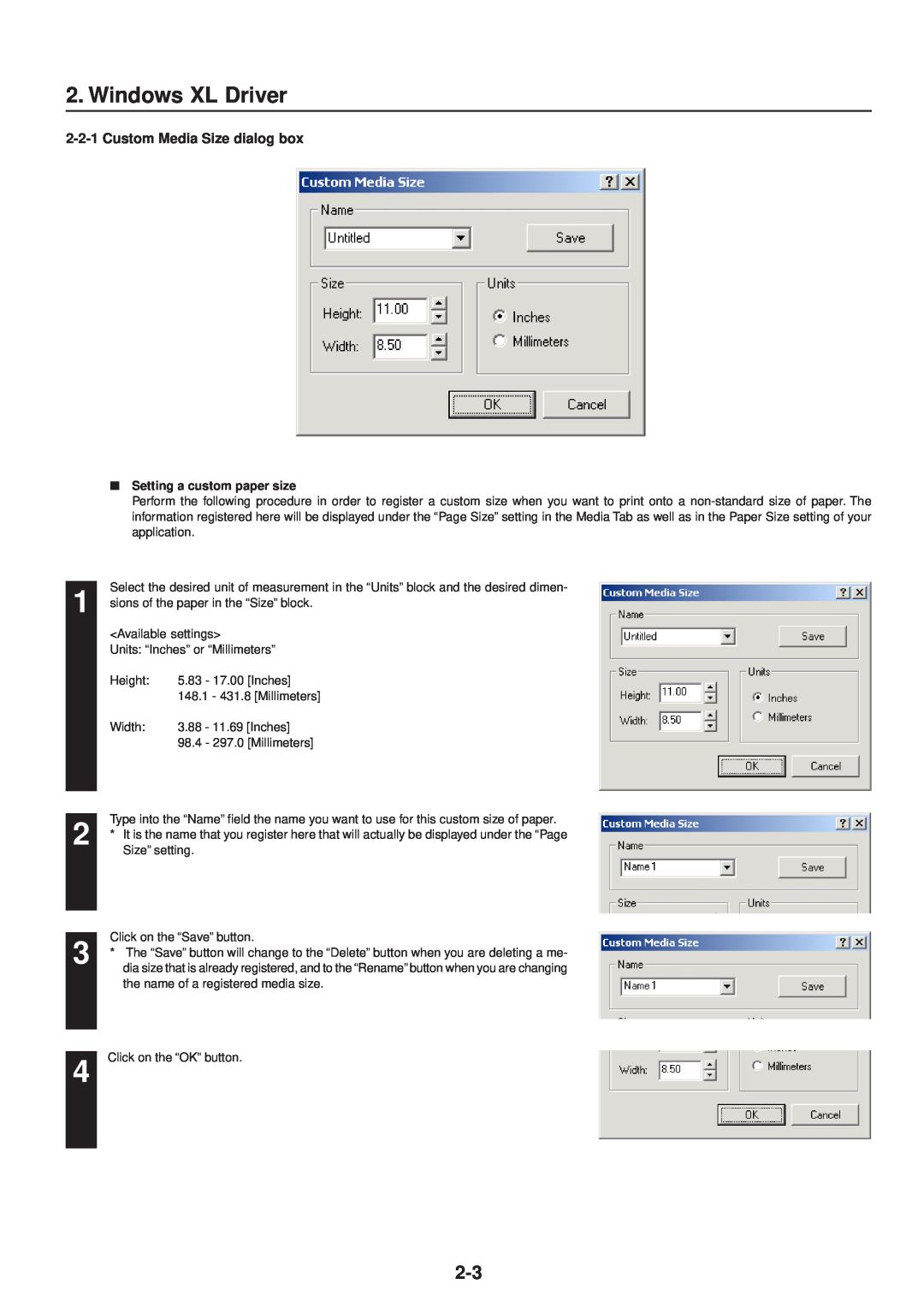 IBM Printing System manual Windows XL Driver, Custom Media Size dialog box, Setting a custom paper size 