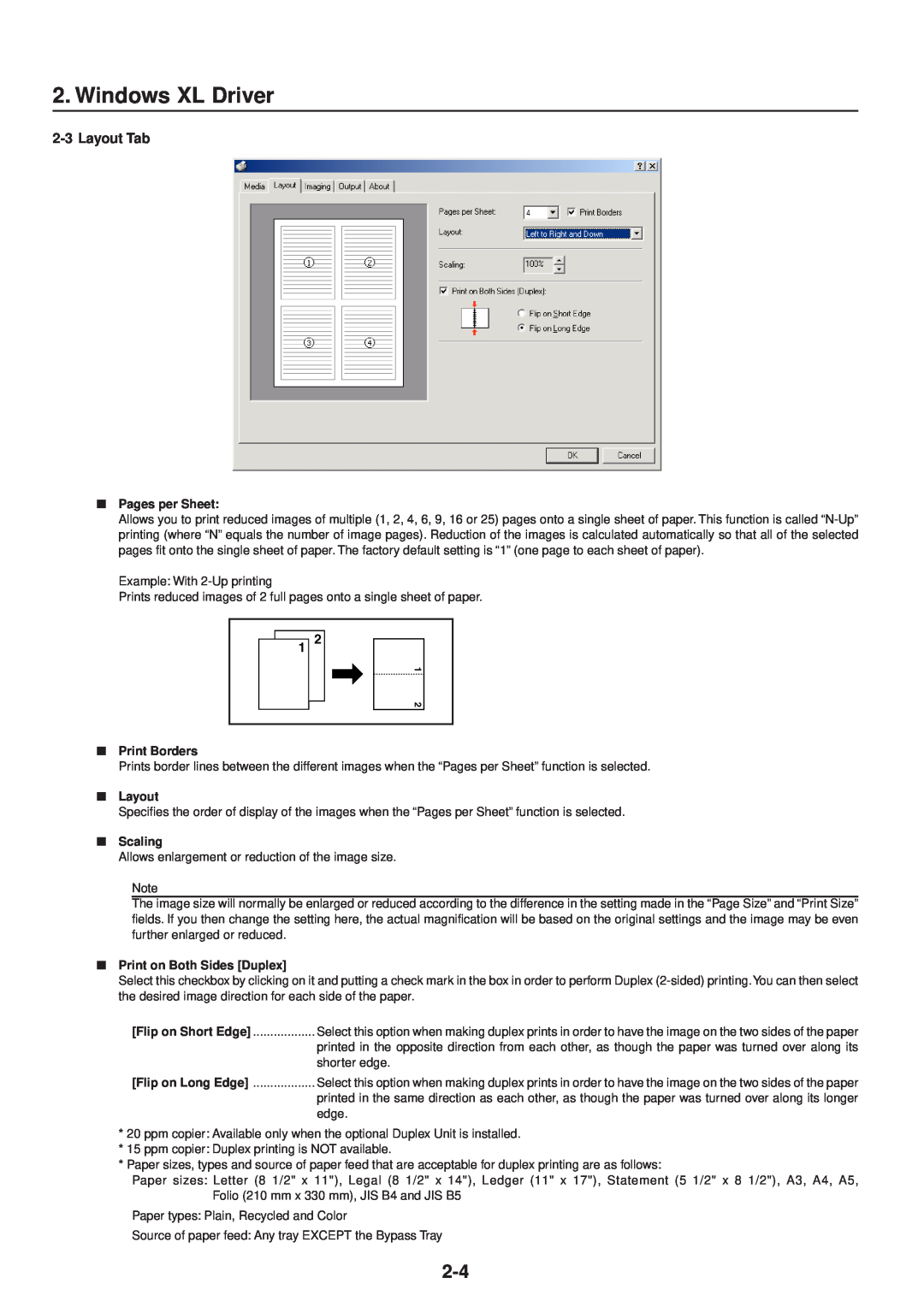 IBM Printing System Windows XL Driver, Layout Tab, Pages per Sheet, Print Borders, Scaling, Print on Both Sides Duplex 
