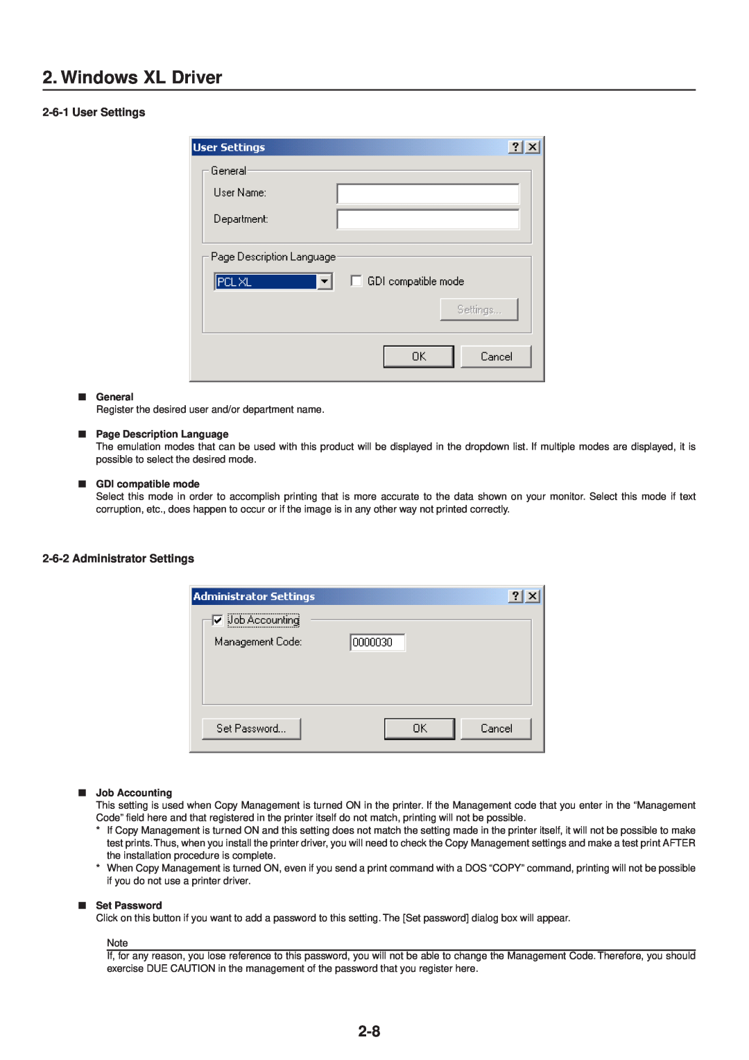 IBM Printing System manual Windows XL Driver, User Settings, Administrator Settings, General, Page Description Language 