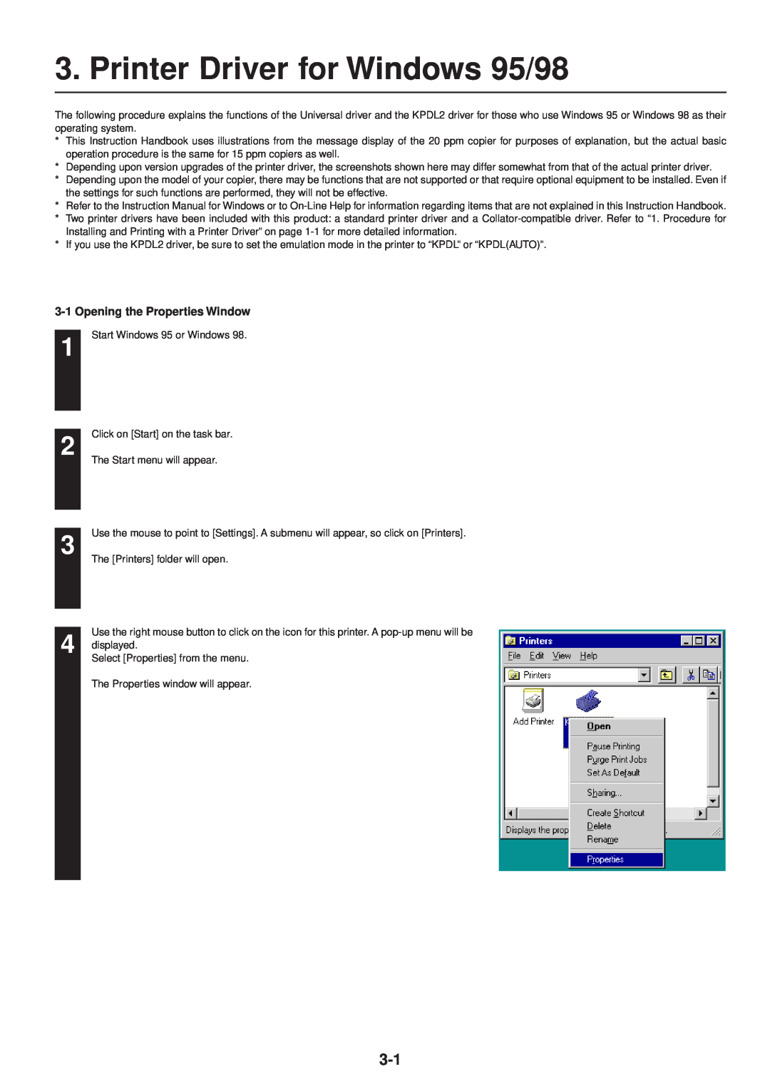 IBM Printing System manual Printer Driver for Windows 95/98, Opening the Properties Window 