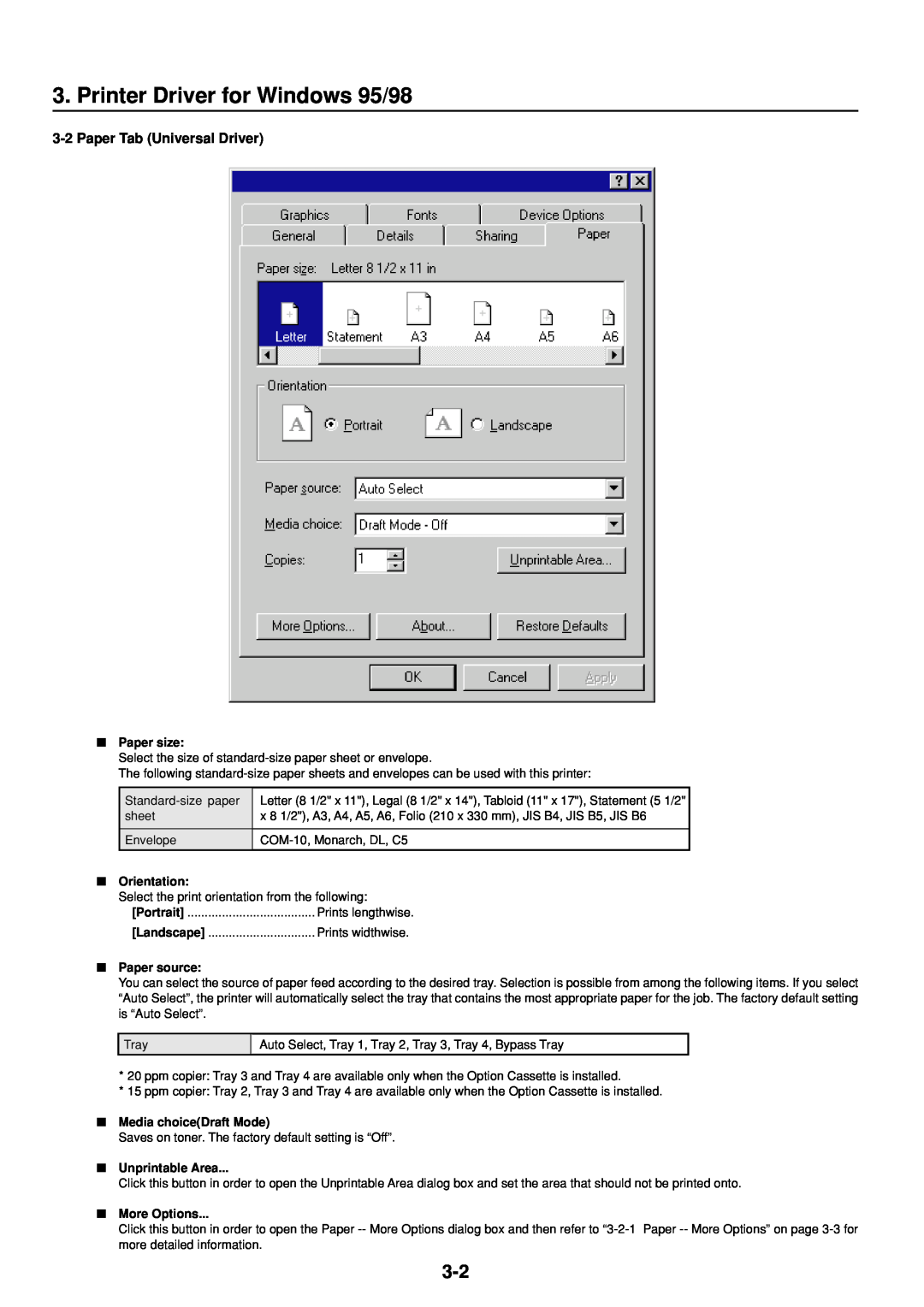 IBM Printing System Printer Driver for Windows 95/98, Paper Tab Universal Driver, Paper size, Orientation, Paper source 
