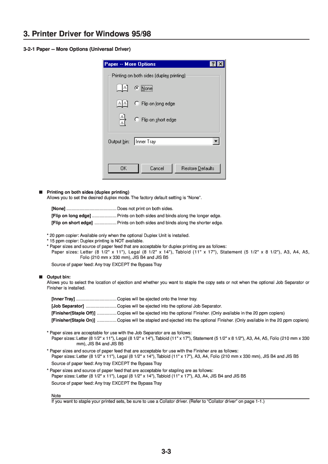 IBM Printing System Printer Driver for Windows 95/98, Paper -- More Options Universal Driver, Does not print on both sides 