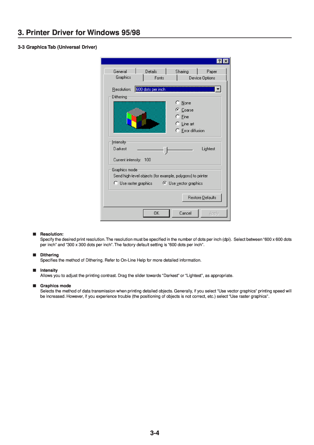 IBM Printing System Printer Driver for Windows 95/98, Graphics Tab Universal Driver, Resolution, Dithering, Intensity 