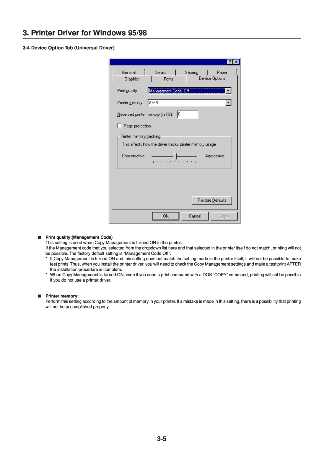 IBM Printing System Printer Driver for Windows 95/98, Device Option Tab Universal Driver, Print qualityManagement Code 
