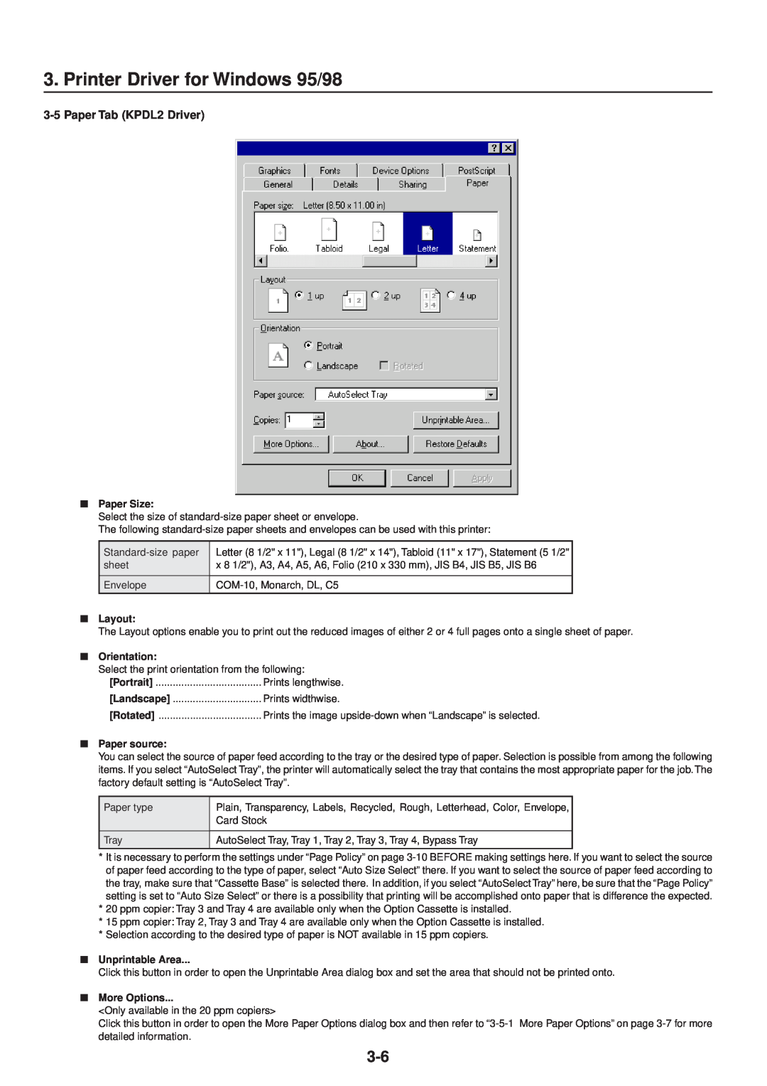IBM Printing System manual Printer Driver for Windows 95/98, Paper Tab KPDL2 Driver, Paper Size, Layout, Orientation 