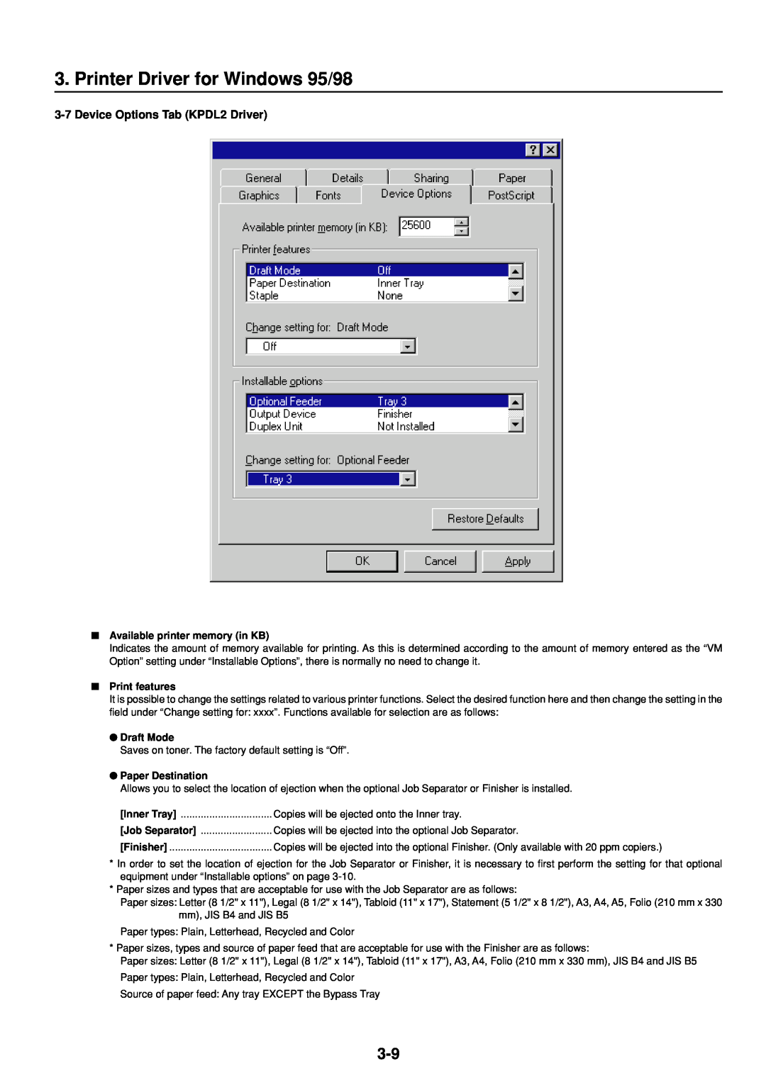 IBM Printing System Printer Driver for Windows 95/98, Device Options Tab KPDL2 Driver, Available printer memory in KB 