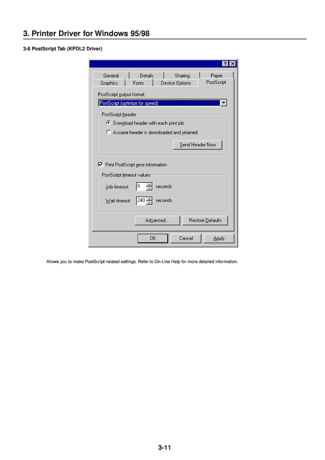 IBM Printing System manual Printer Driver for Windows 95/98, 3-11, PostScript Tab KPDL2 Driver 