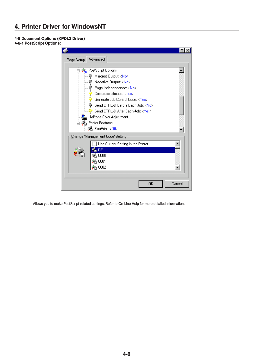IBM Printing System manual Printer Driver for WindowsNT, Document Options KPDL2 Driver 4-8-1 PostScript Options 