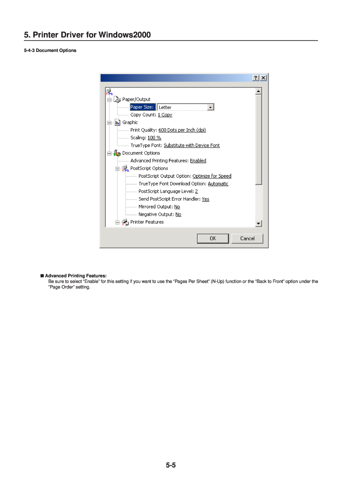 IBM Printing System Printer Driver for Windows2000, Document Options Advanced Printing Features, “Page Order” setting 
