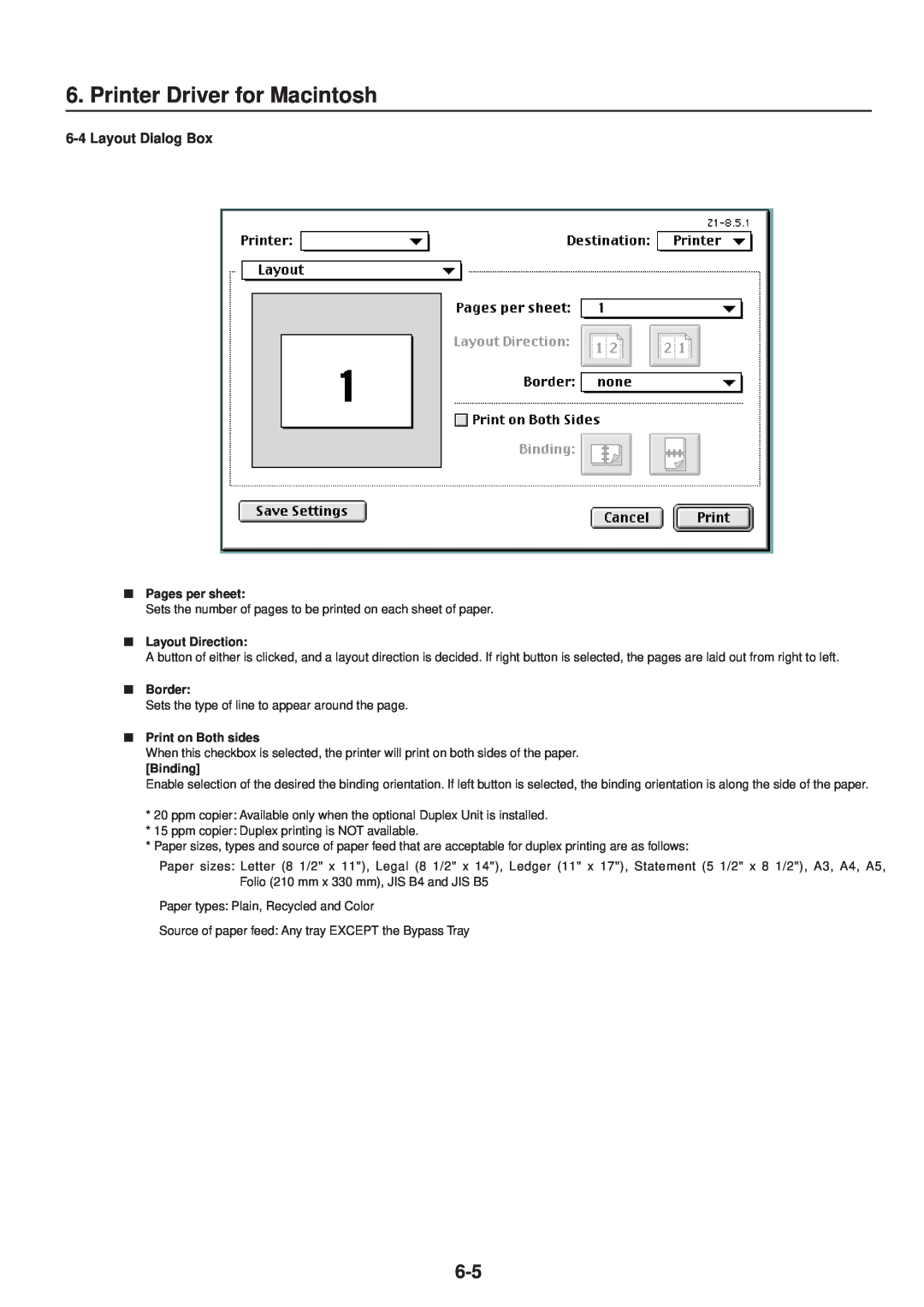 IBM Printing System Printer Driver for Macintosh, Layout Dialog Box, Pages per sheet, Layout Direction, Border, Binding 