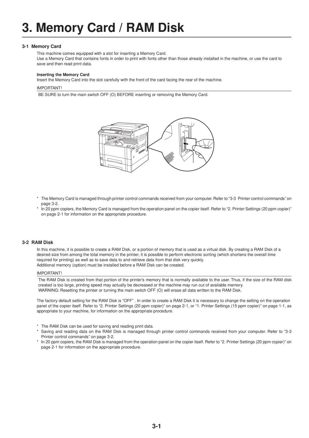 IBM Printing System manual Memory Card / RAM Disk, Inserting the Memory Card 