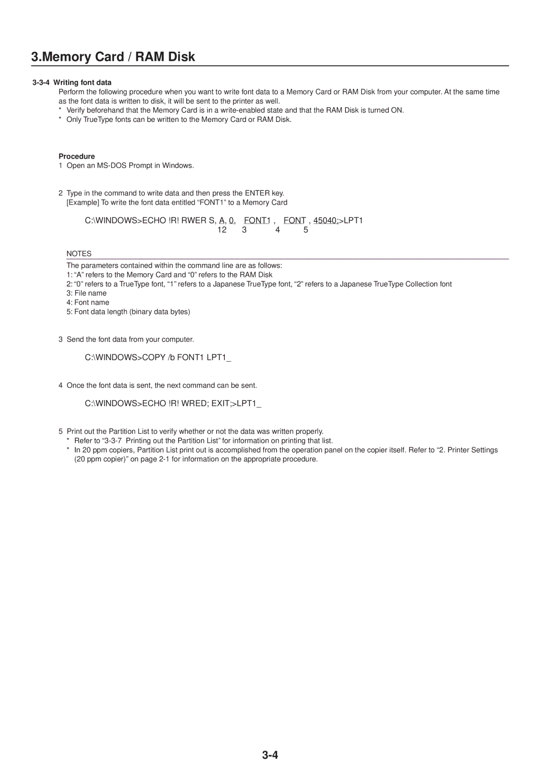 IBM Printing System manual WINDOWSECHO !R! Rwer S,A,0,ÓFONT1Ó,ÓFONTÓ,45040LPT1 12 3 4, Writing font data 