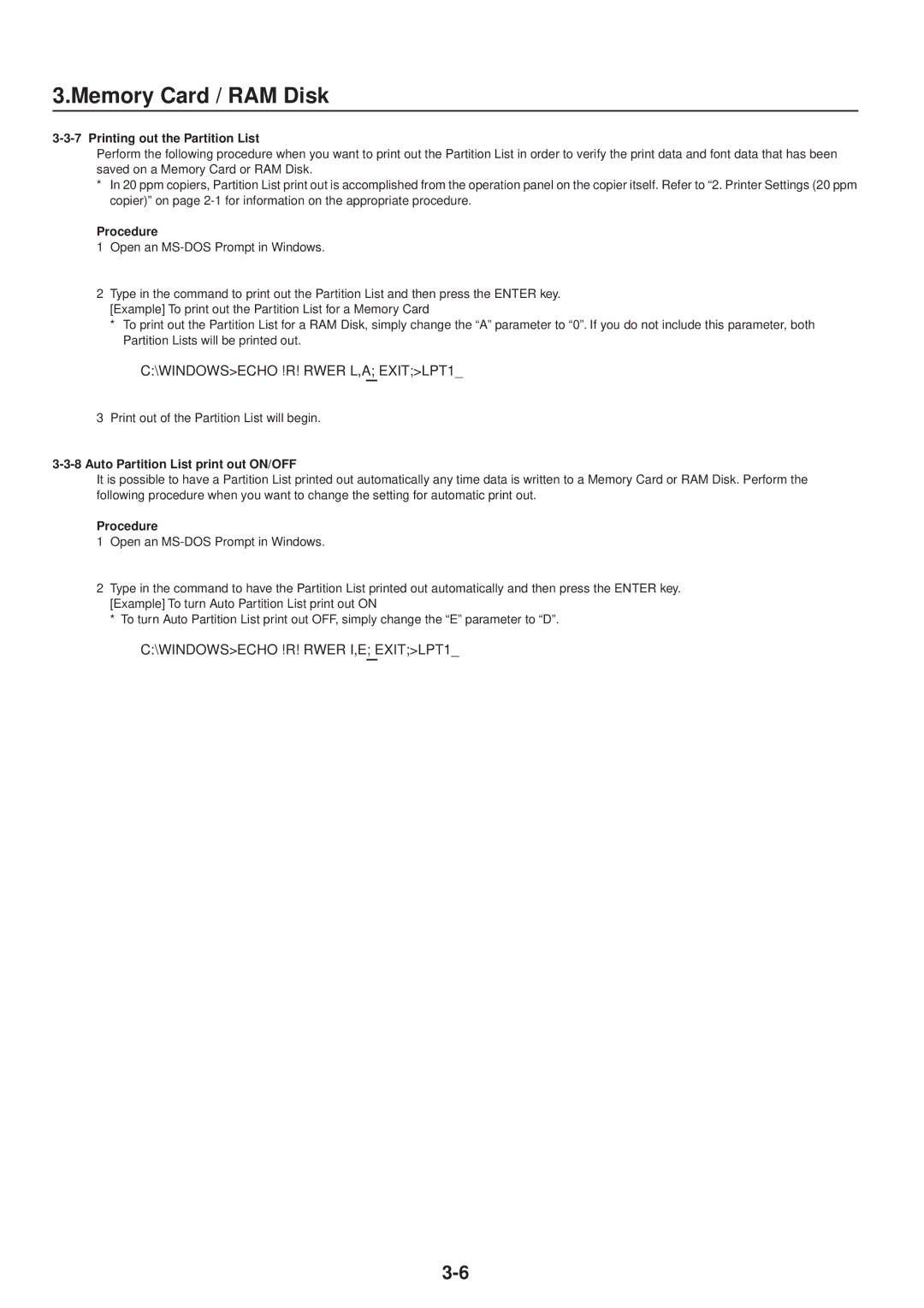 IBM Printing System manual Printing out the Partition List, Auto Partition List print out ON/OFF 