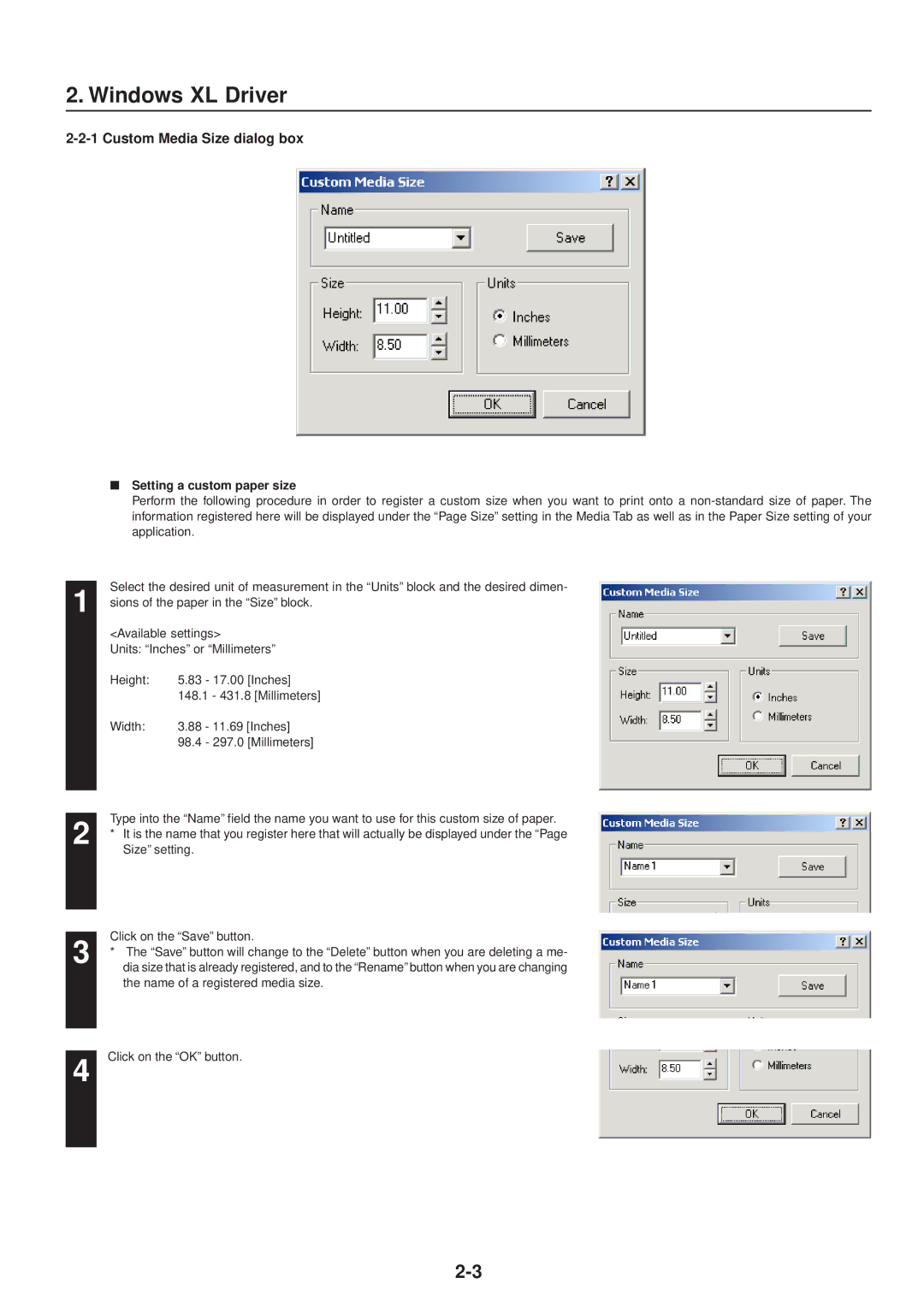 IBM Printing System manual Custom Media Size dialog box, Setting a custom paper size 