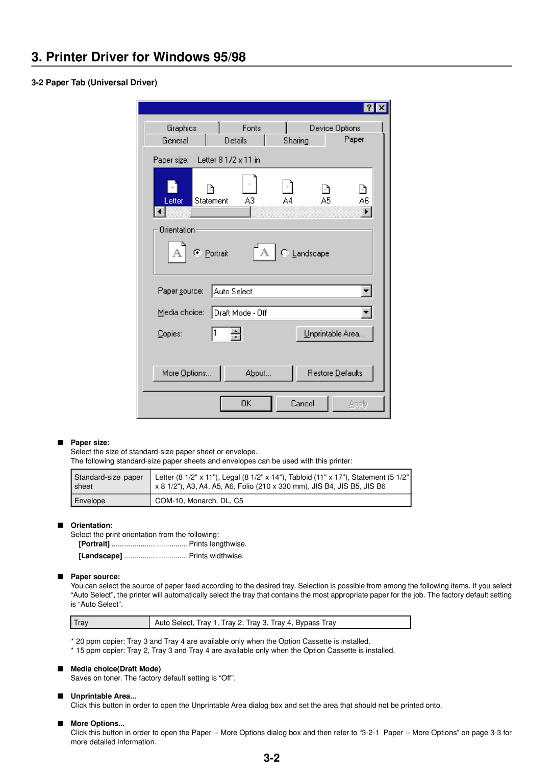 IBM Printing System manual Paper Tab Universal Driver, Paper source, Media choiceDraft Mode, Unprintable Area, More Options 