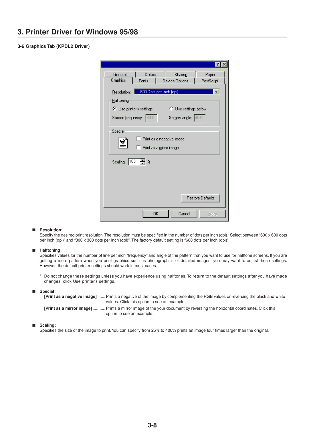 IBM Printing System manual Graphics Tab KPDL2 Driver, Halftoning, Special 