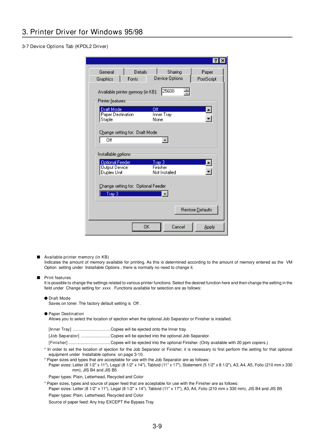 IBM Printing System manual Device Options Tab KPDL2 Driver, Available printer memory in KB, Print features, Draft Mode 