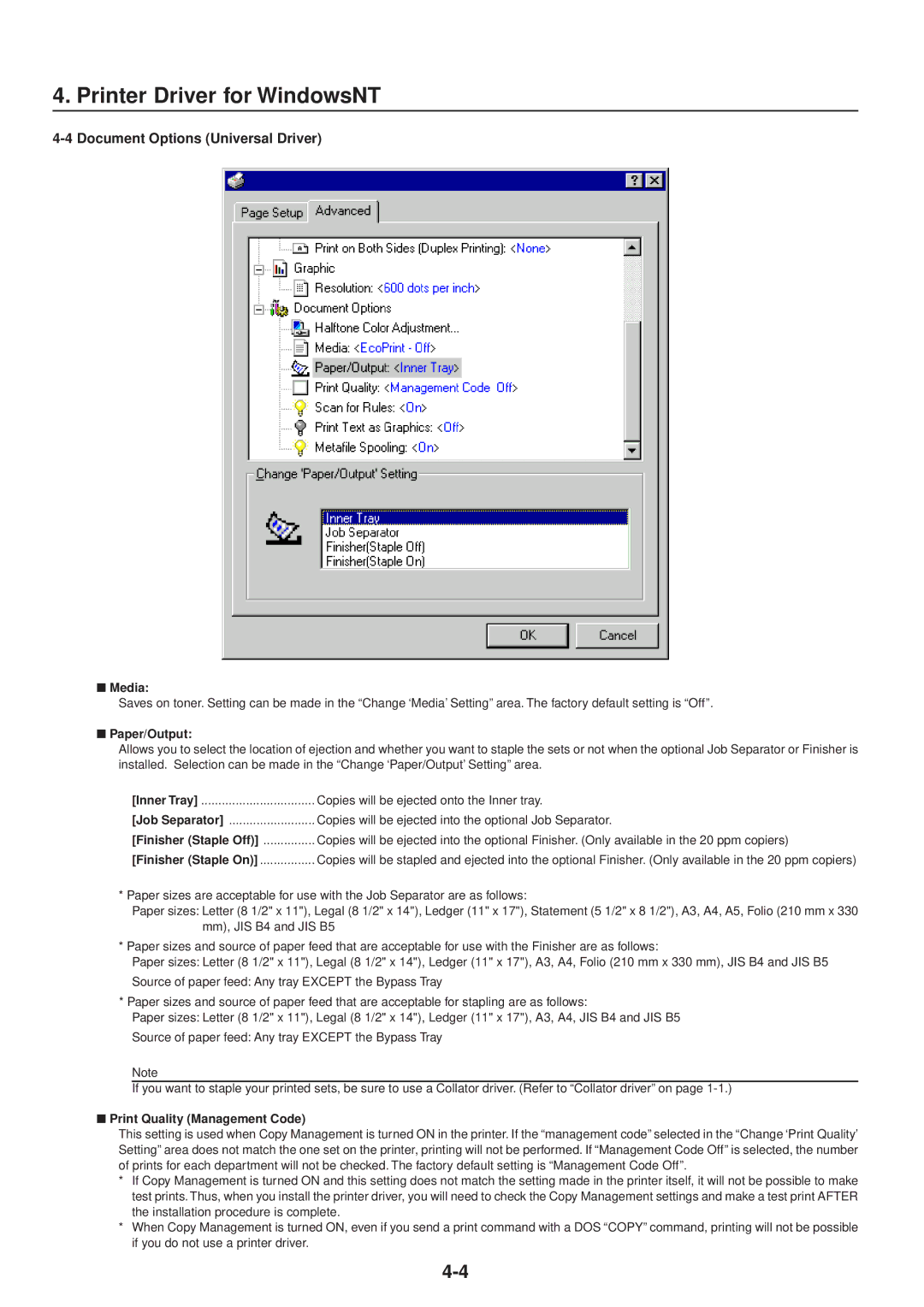 IBM Printing System manual Document Options Universal Driver, Media, Paper/Output, Print Quality Management Code 