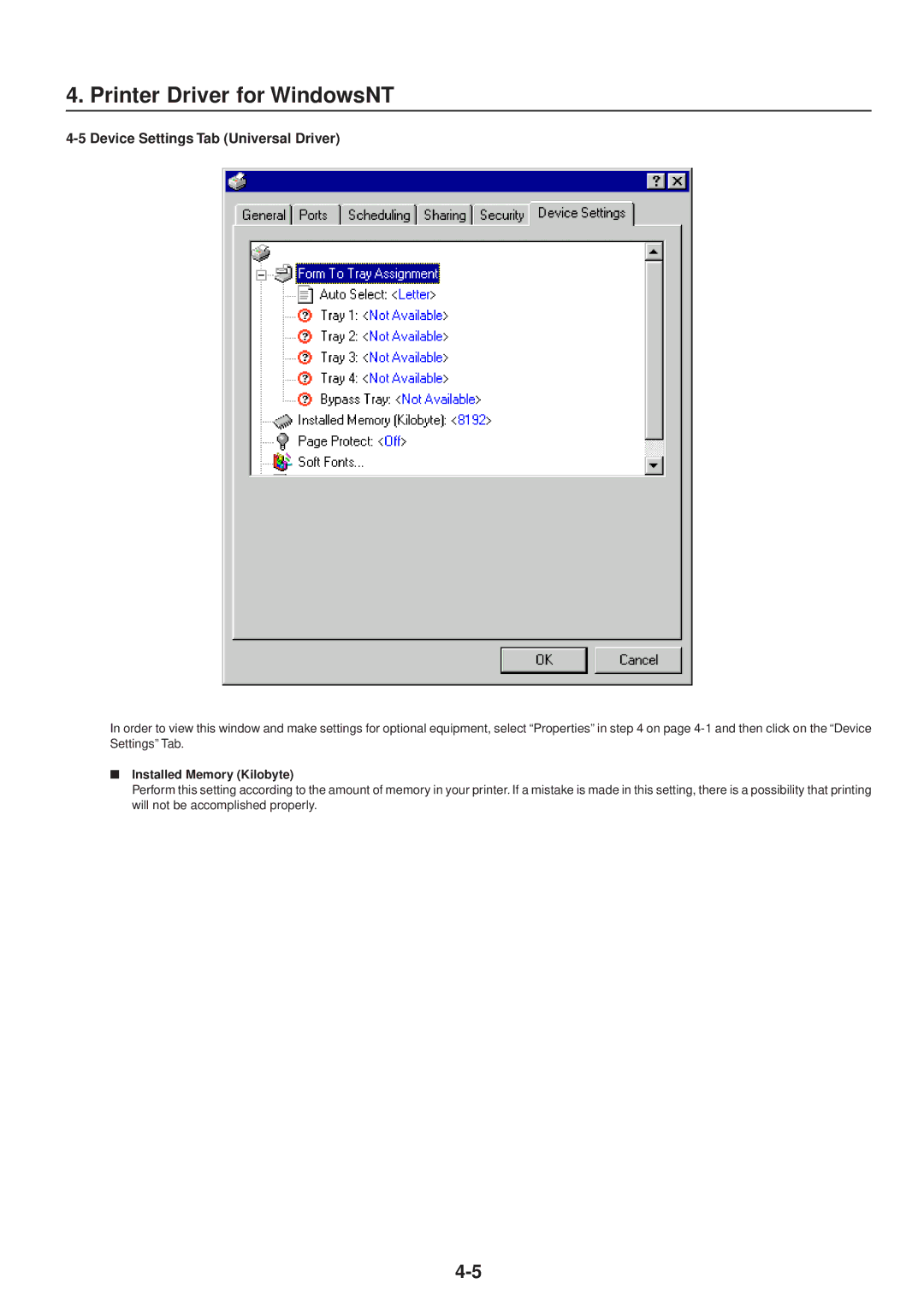 IBM Printing System manual Device Settings Tab Universal Driver, Installed Memory Kilobyte 