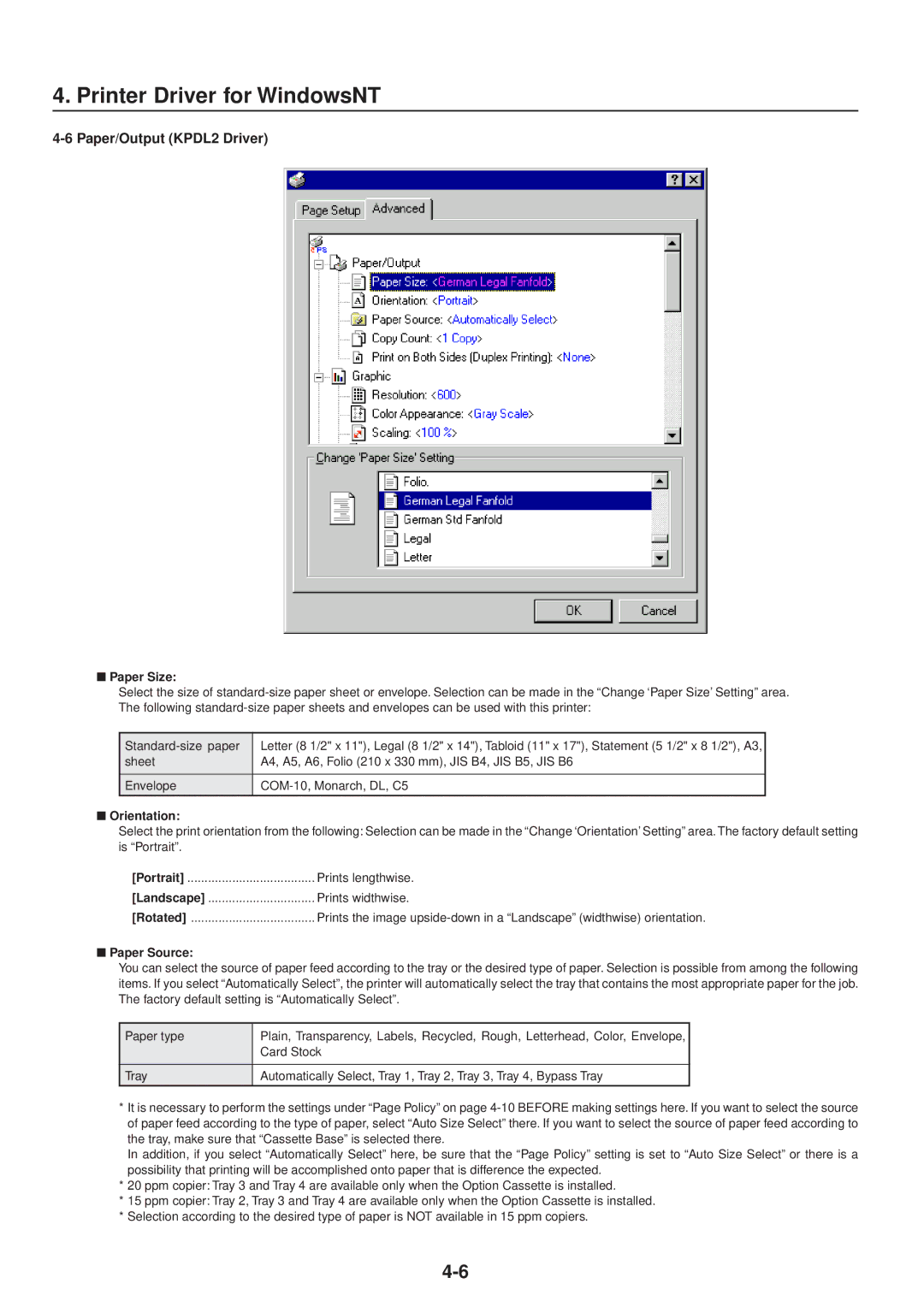 IBM Printing System manual Paper/Output KPDL2 Driver, Paper Size 