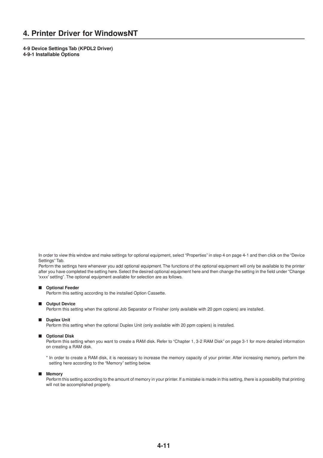 IBM Printing System manual Device Settings Tab KPDL2 Driver Installable Options, Optional Feeder 