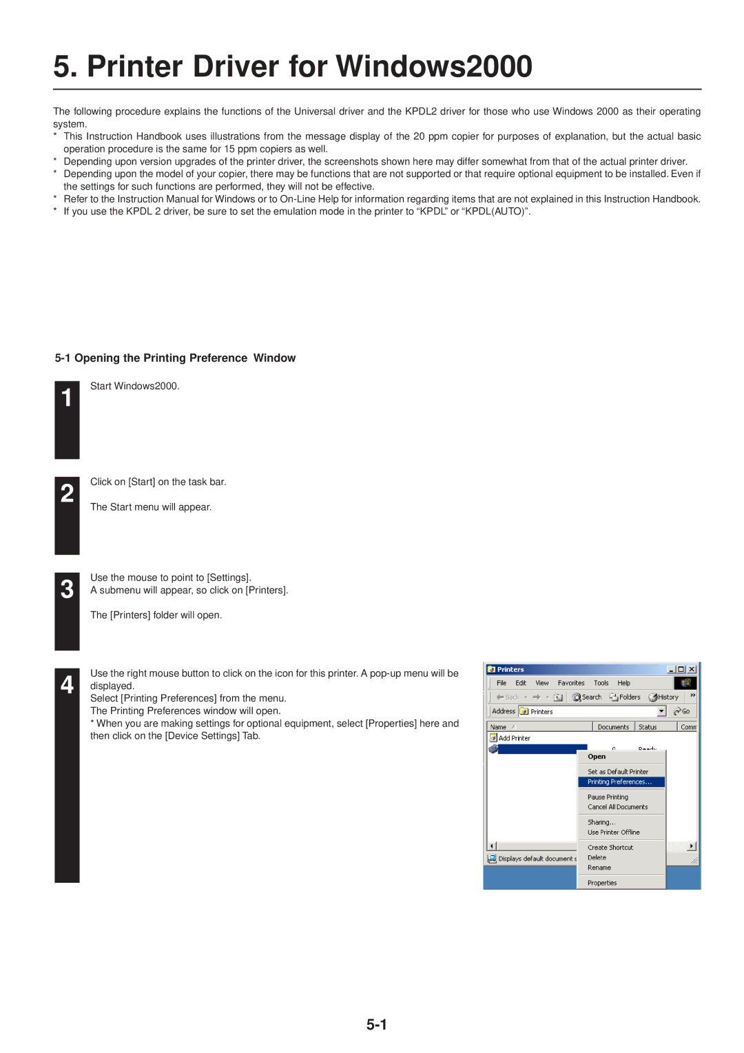 IBM Printing System manual Printer Driver for Windows2000, Opening the Printing Preference Window 