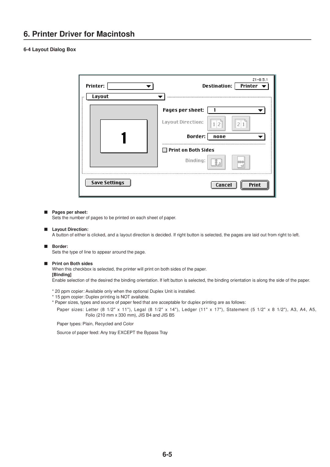 IBM Printing System manual Layout Dialog Box, Layout Direction, Border, Print on Both sides, Binding 