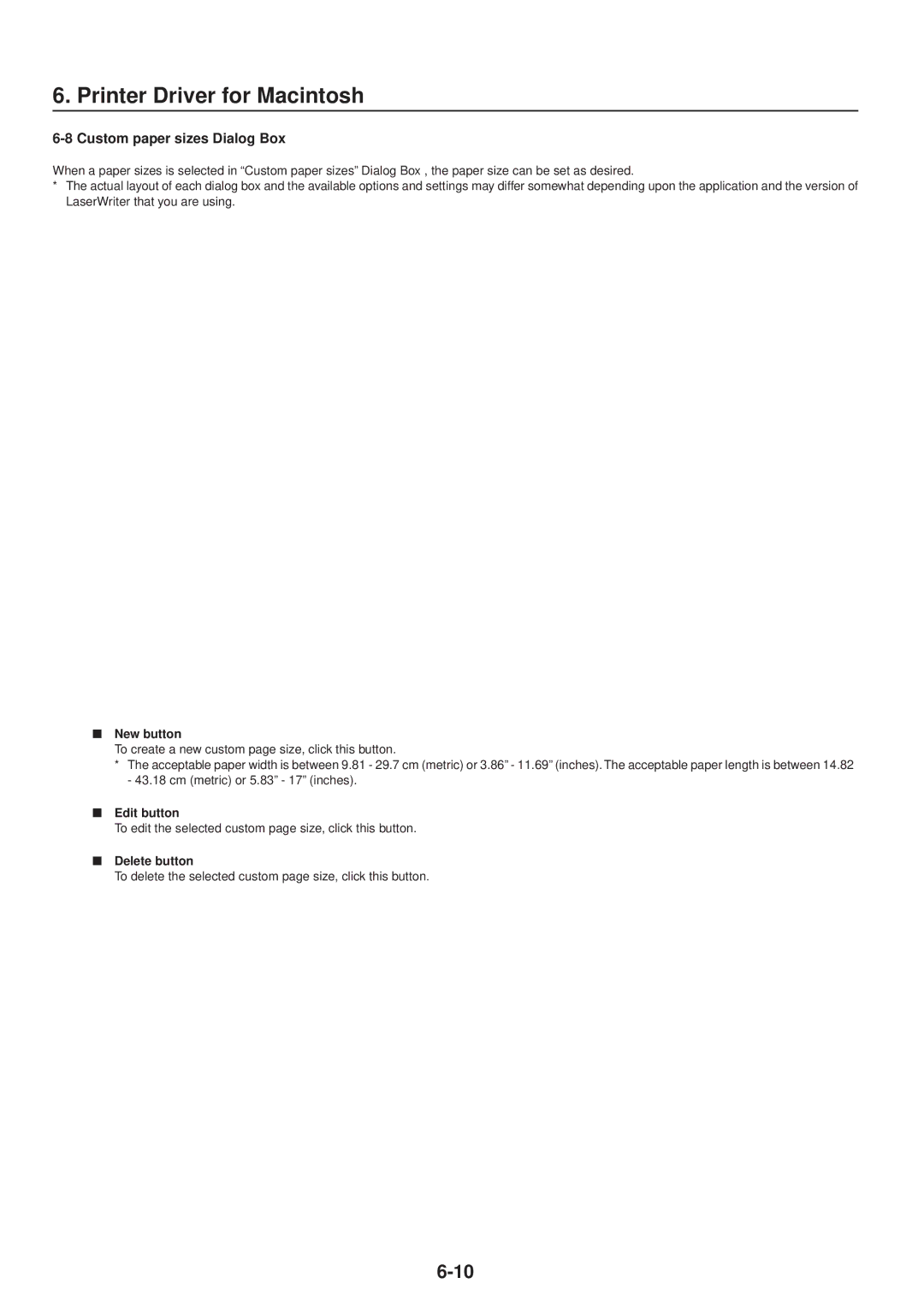 IBM Printing System manual Custom paper sizes Dialog Box, New button, Edit button, Delete button 