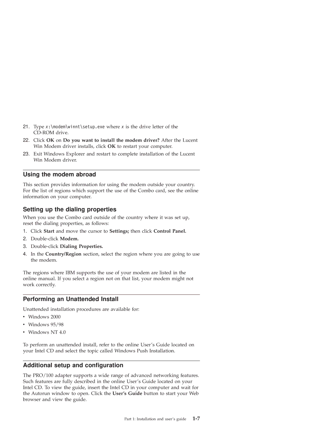 IBM PRO/100 SP manual Using the modem abroad, Setting up the dialing properties, Performing an Unattended Install 