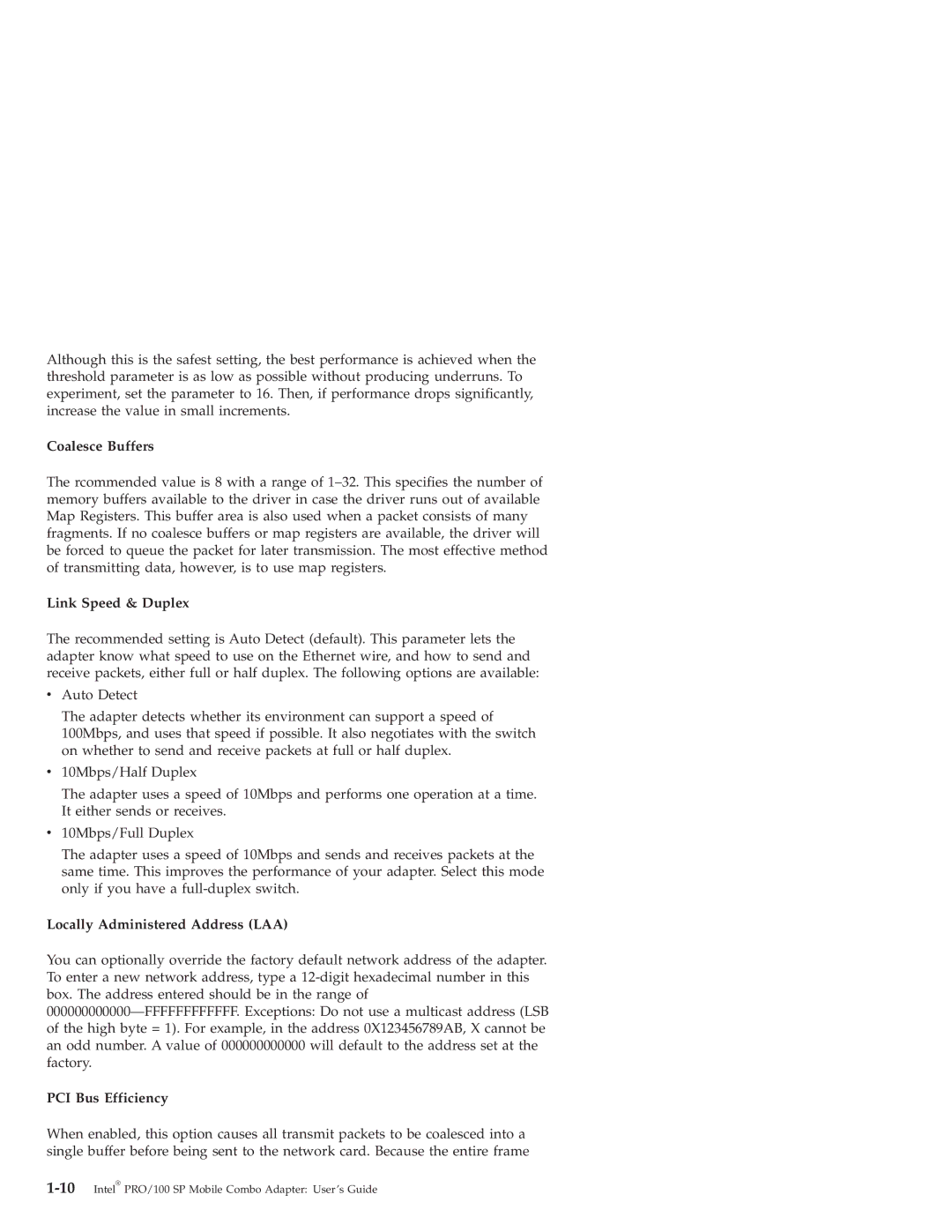 IBM PRO/100 SP manual Coalesce Buffers, Link Speed & Duplex, Locally Administered Address LAA, PCI Bus Efficiency 