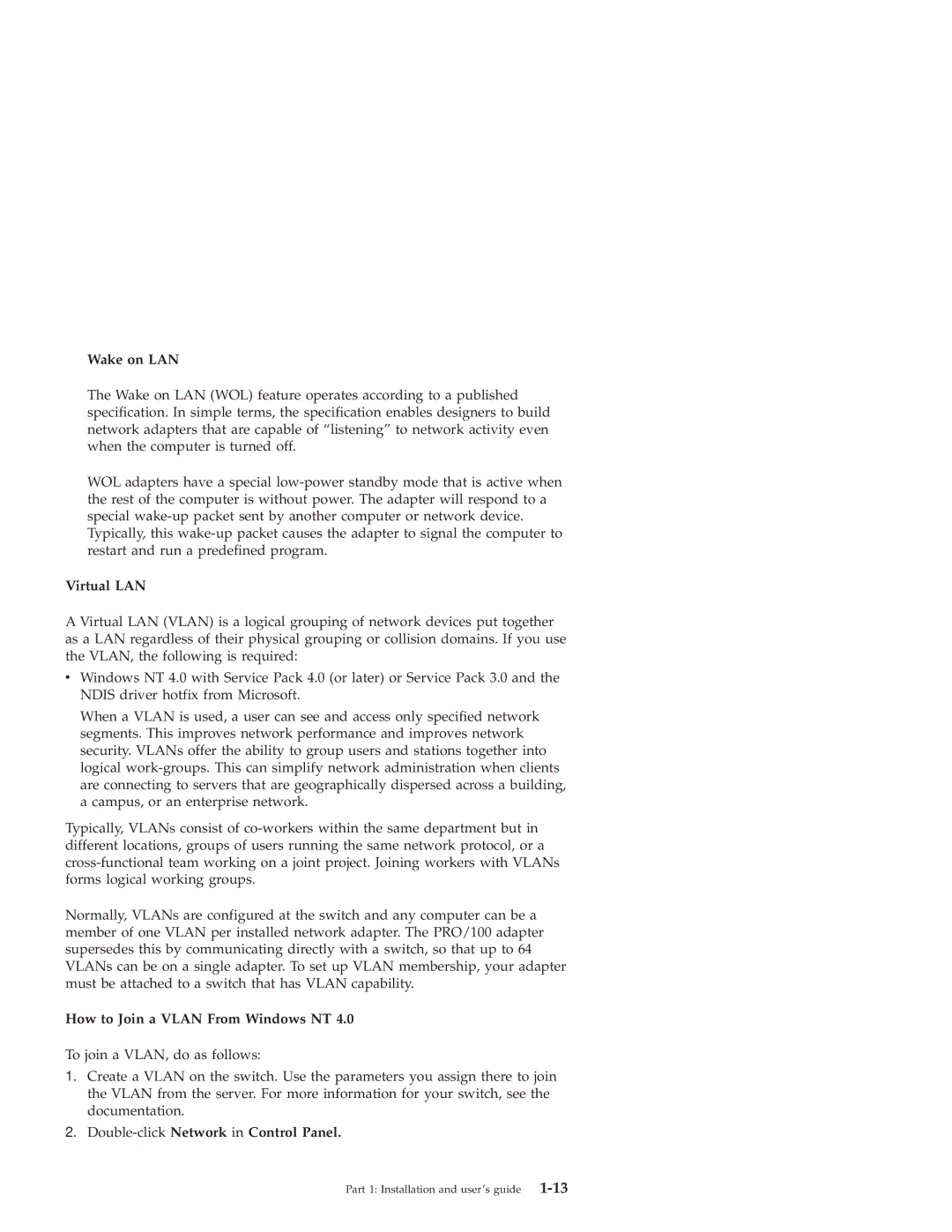 IBM PRO/100 SP manual Wake on LAN, Virtual LAN, How to Join a Vlan From Windows NT, Double-clickNetwork in Control Panel 