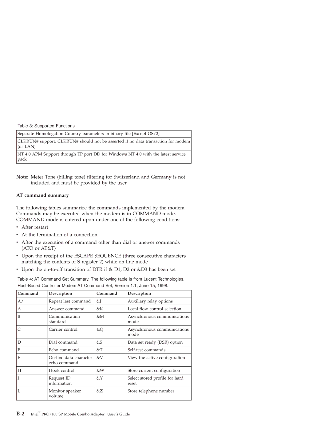 IBM PRO/100 SP manual AT command summary, Command Description 